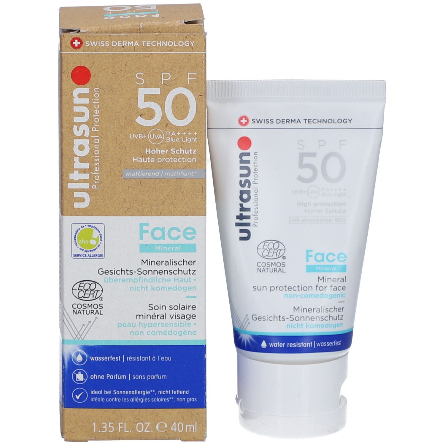 Productverpakking met tube en doos. Beide tonen het product: zonnebrandcrème voor het gezicht, SPF 50. Met COSMOS NATURAL certificering.
