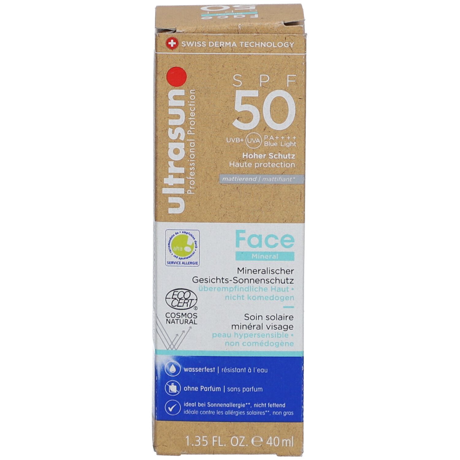 Kartonnen verpakking met productinformatie. Bevat zonnebrandcrème voor het gezicht, SPF 50. Met COSMOS NATURAL certificering.