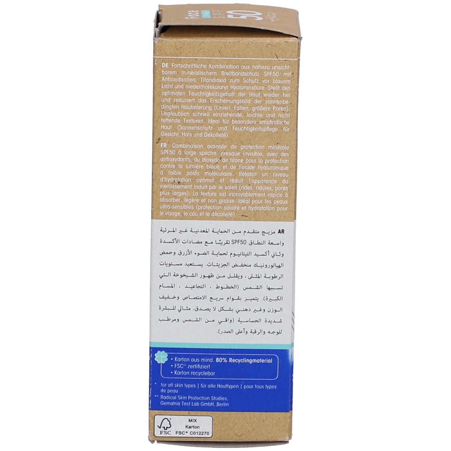 Zijkant van de kartonnen verpakking met tekst. Bevat informatie over ingrediënten en certificeringen. Met COSMOS NATURAL certificering.