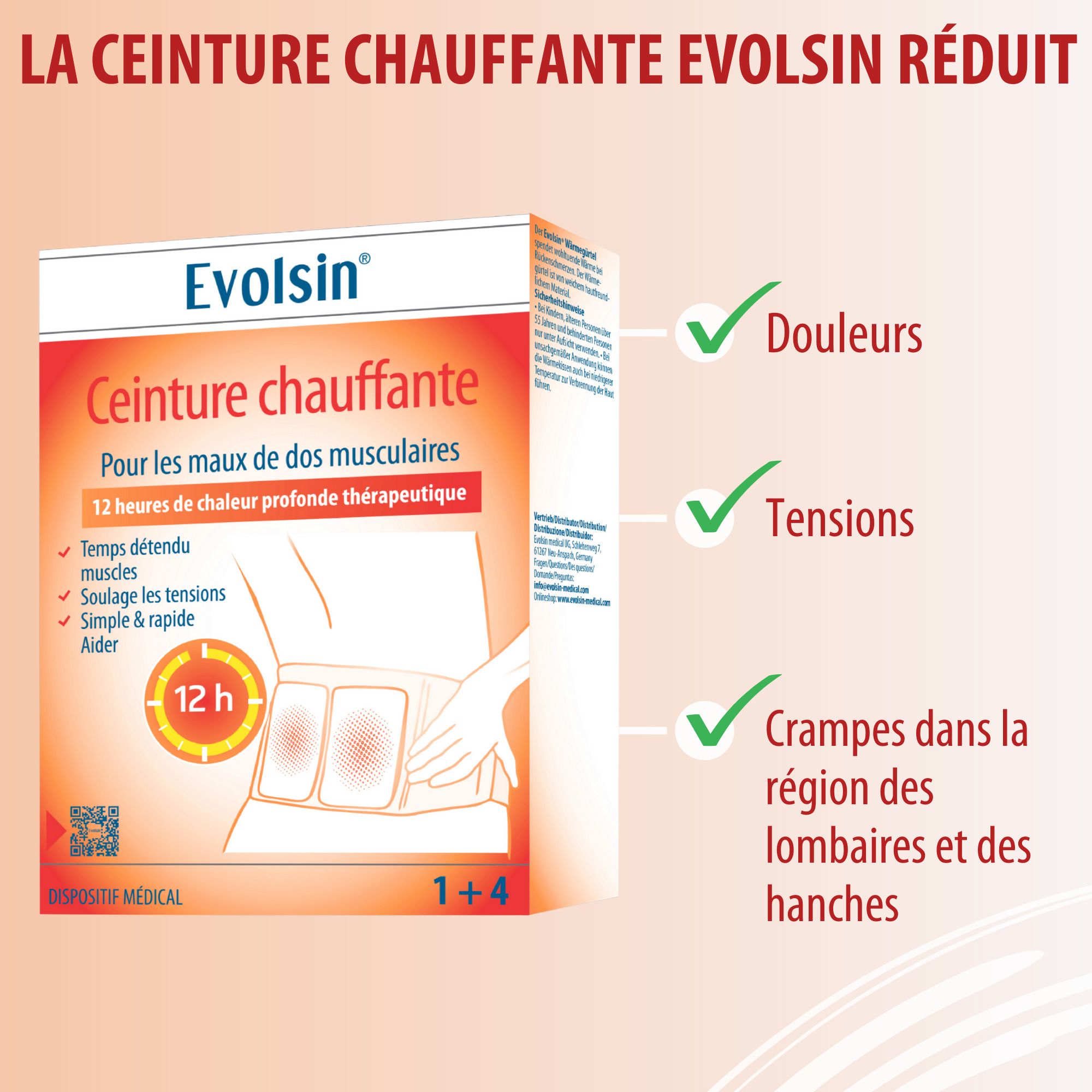 Utilisation ceinture chauffante Evolsin : ouvrir sachet, insérer coussin, placer et fixer.