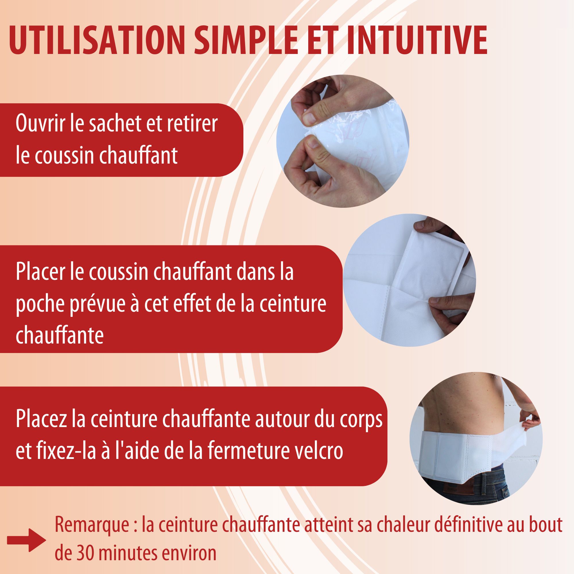 La ceinture chauffante Evolsin convient aux tours de ventre jusqu'à 140 cm.