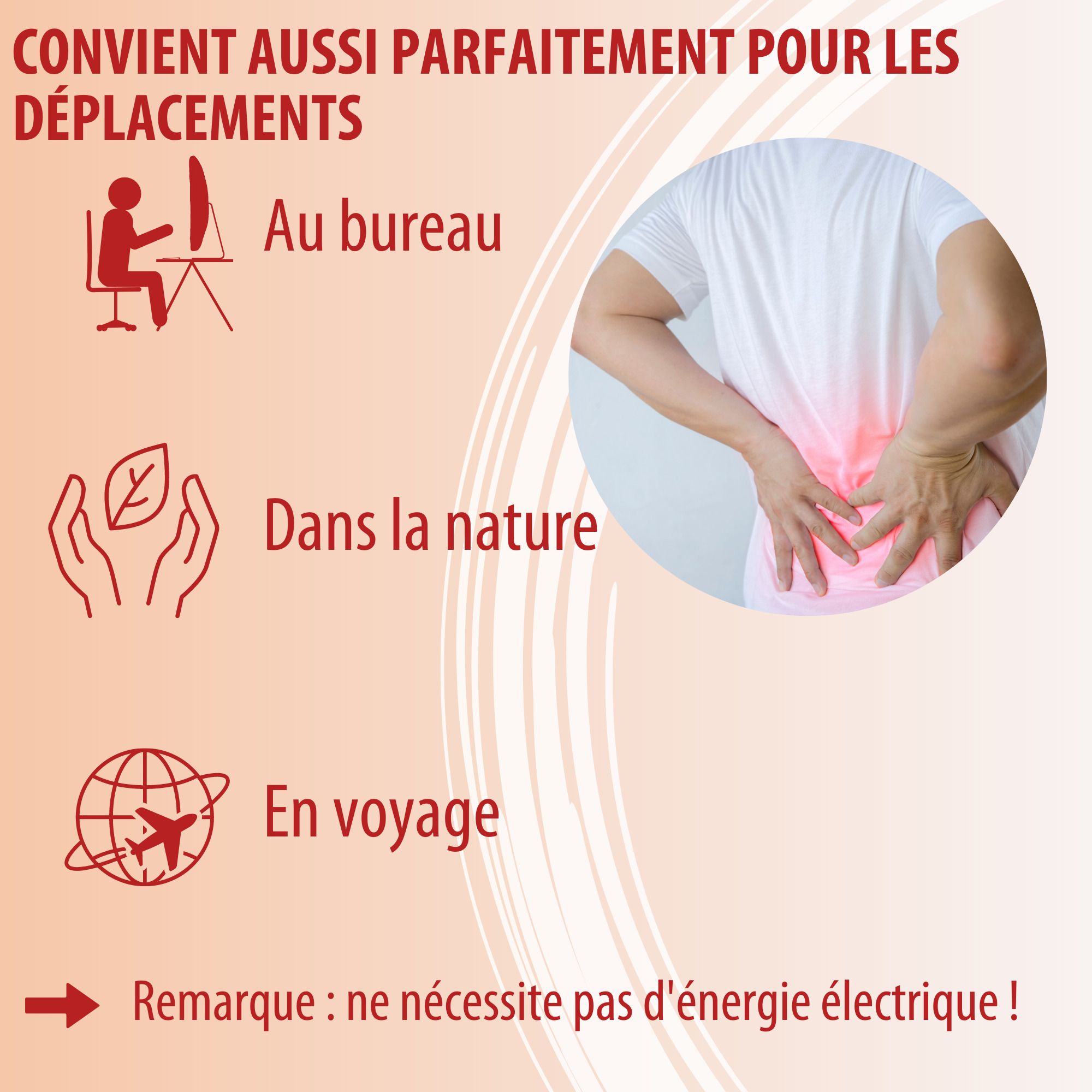 Ceinture chauffante Evolsin : application directe, jusqu'à 12h de chaleur médicale, sans additifs irritants.