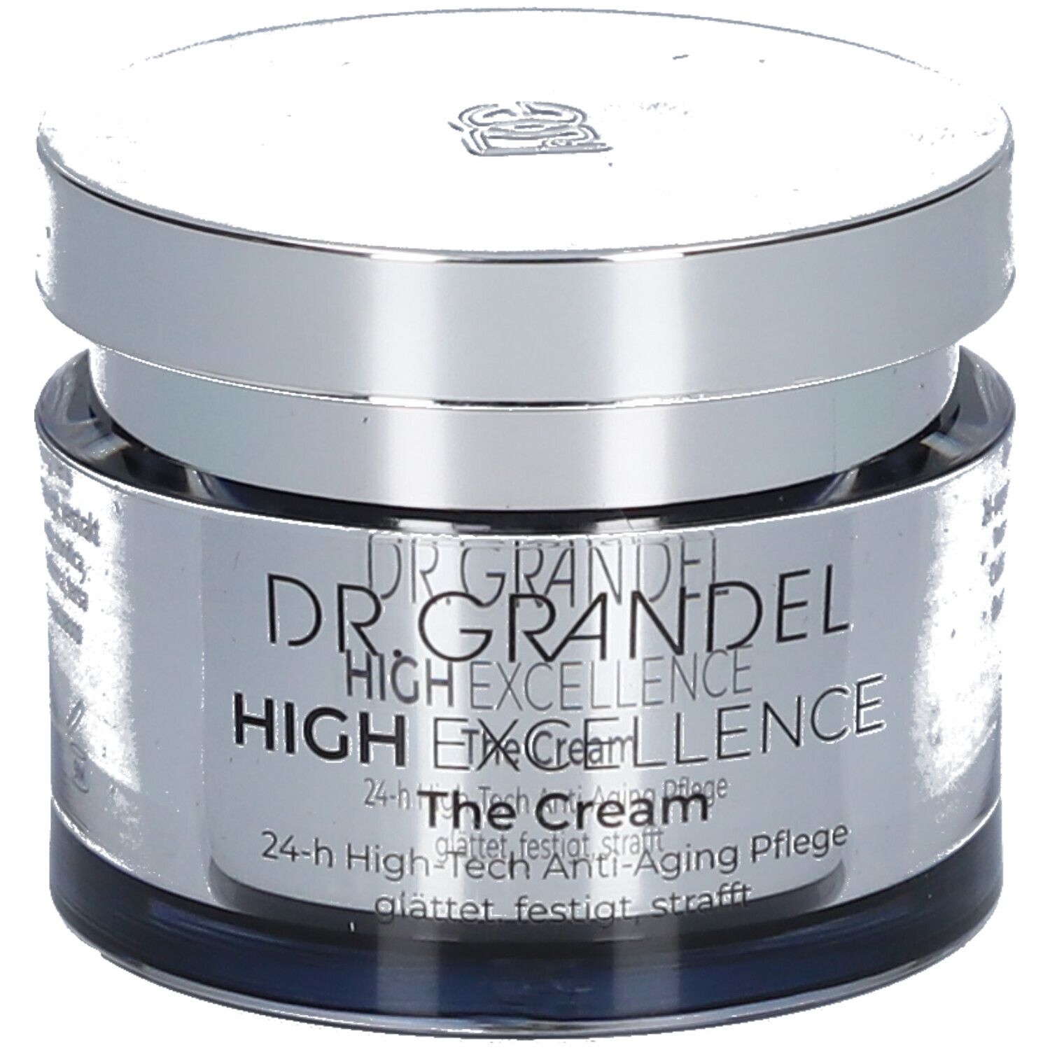 Pot de crème avec couvercle argenté. L'étiquette indique "DR. GRANDEL HIGH EXCELLENCE The Cream".