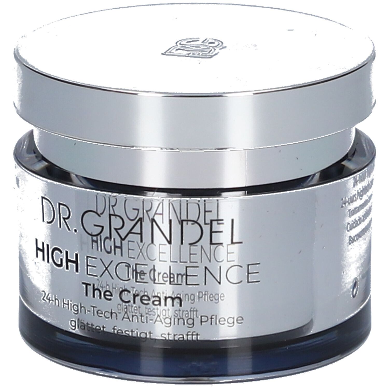 Pot de crème avec couvercle argenté. L'étiquette indique "DR. GRANDEL HIGH EXCELLENCE The Cream".