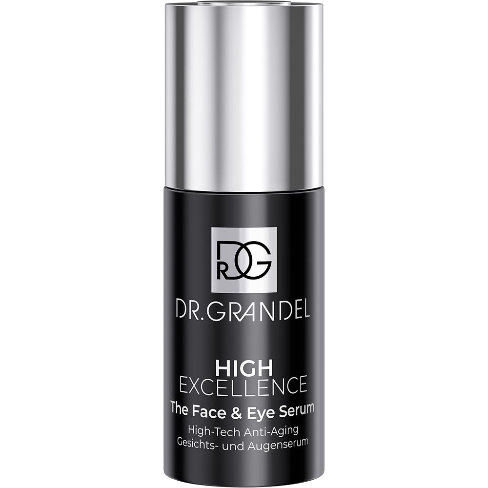 Zwarte fles met zilveren dop. Opschrift: DR. GRANDEL, HIGH EXCELLENCE, The Face & Eye Serum.