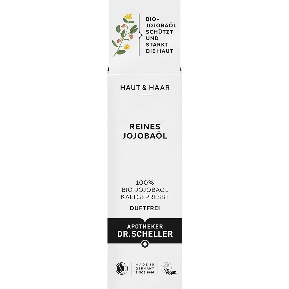 Étiquette blanche avec texte: REINES JOJOBAÖL, Apotheker DR.SCHELLER. Label Vegan. Fabriqué en Allemagne.