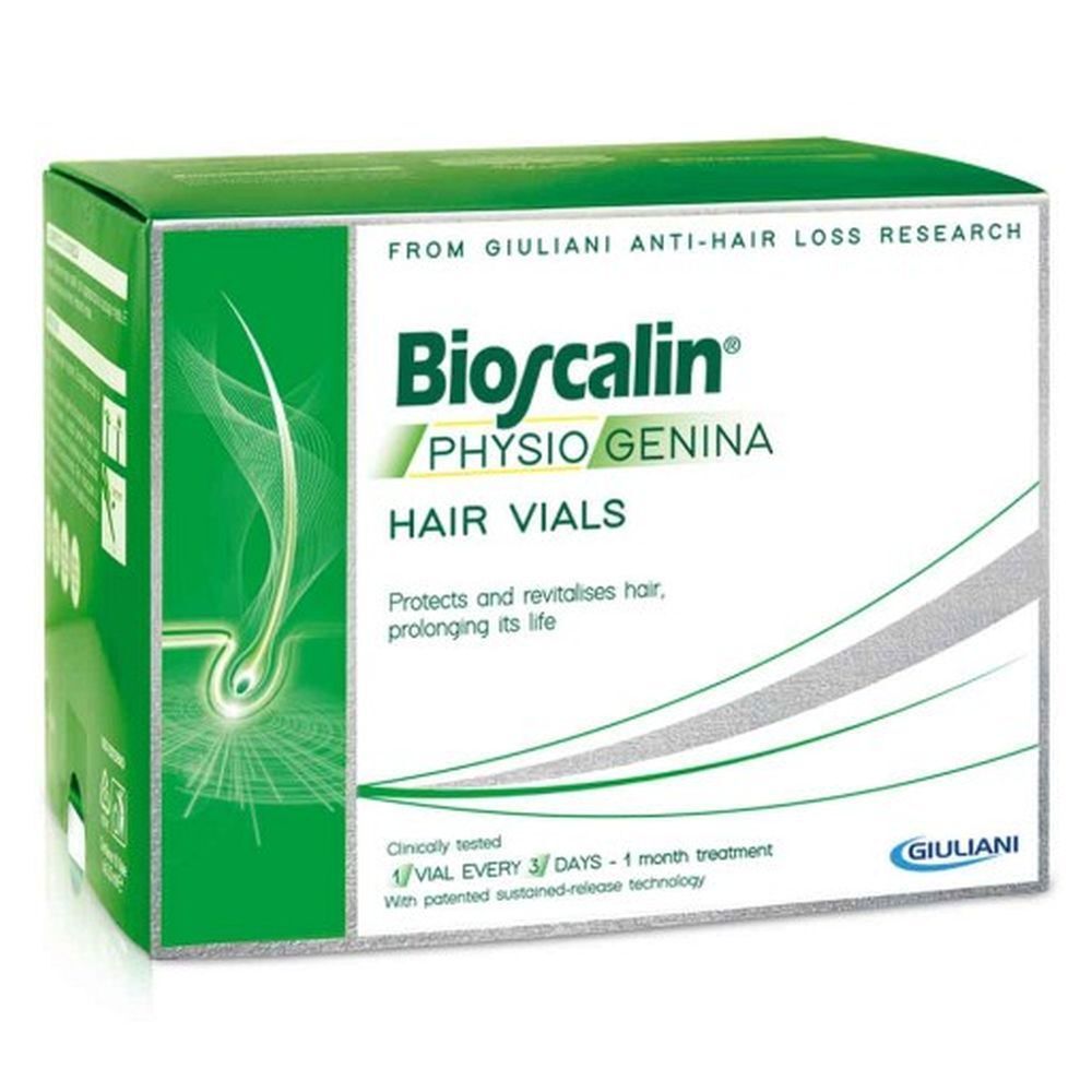 Boîte Bioscalin®. Boîte verte avec nom et logo du produit. Contient des ampoules pour les cheveux.