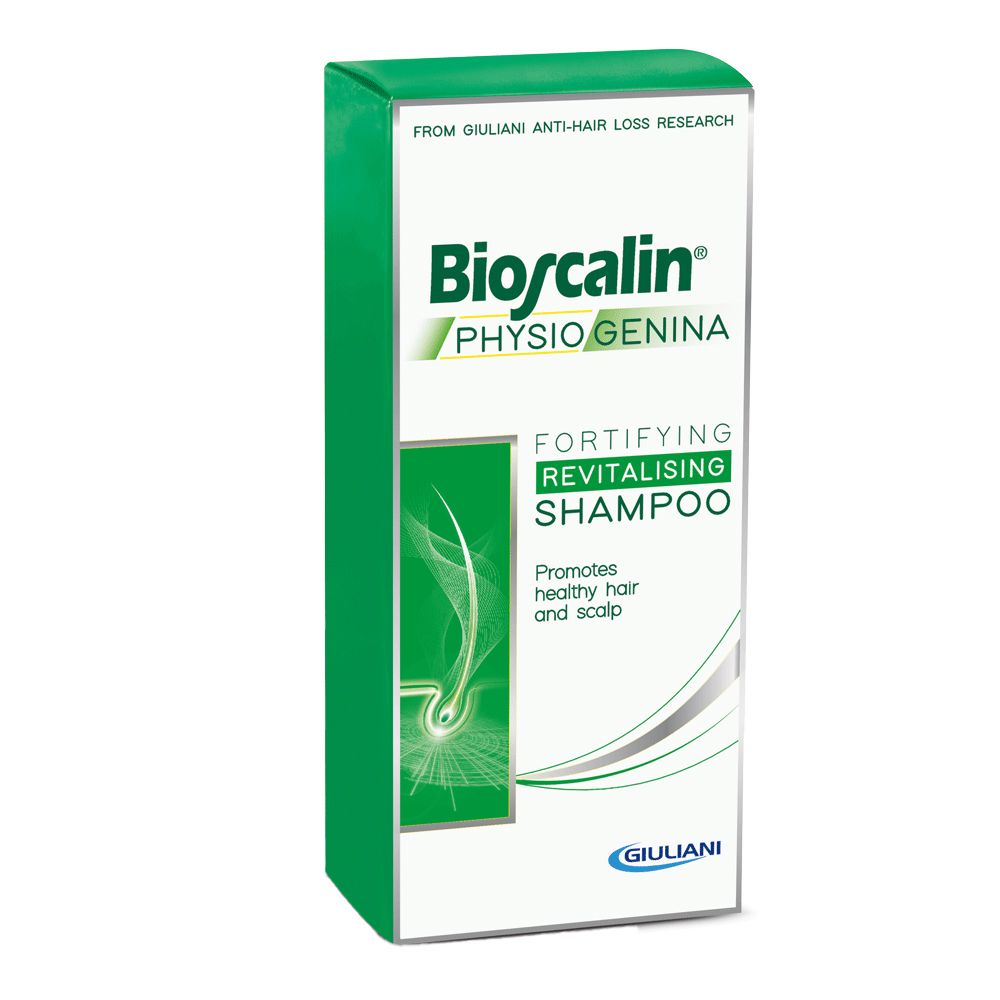 Shampoo Bioscalin Physiogenina en boîte verte. Texte: Fortifying Revitalising Shampoo. Giuliani Recherche anti-chute de cheveux.