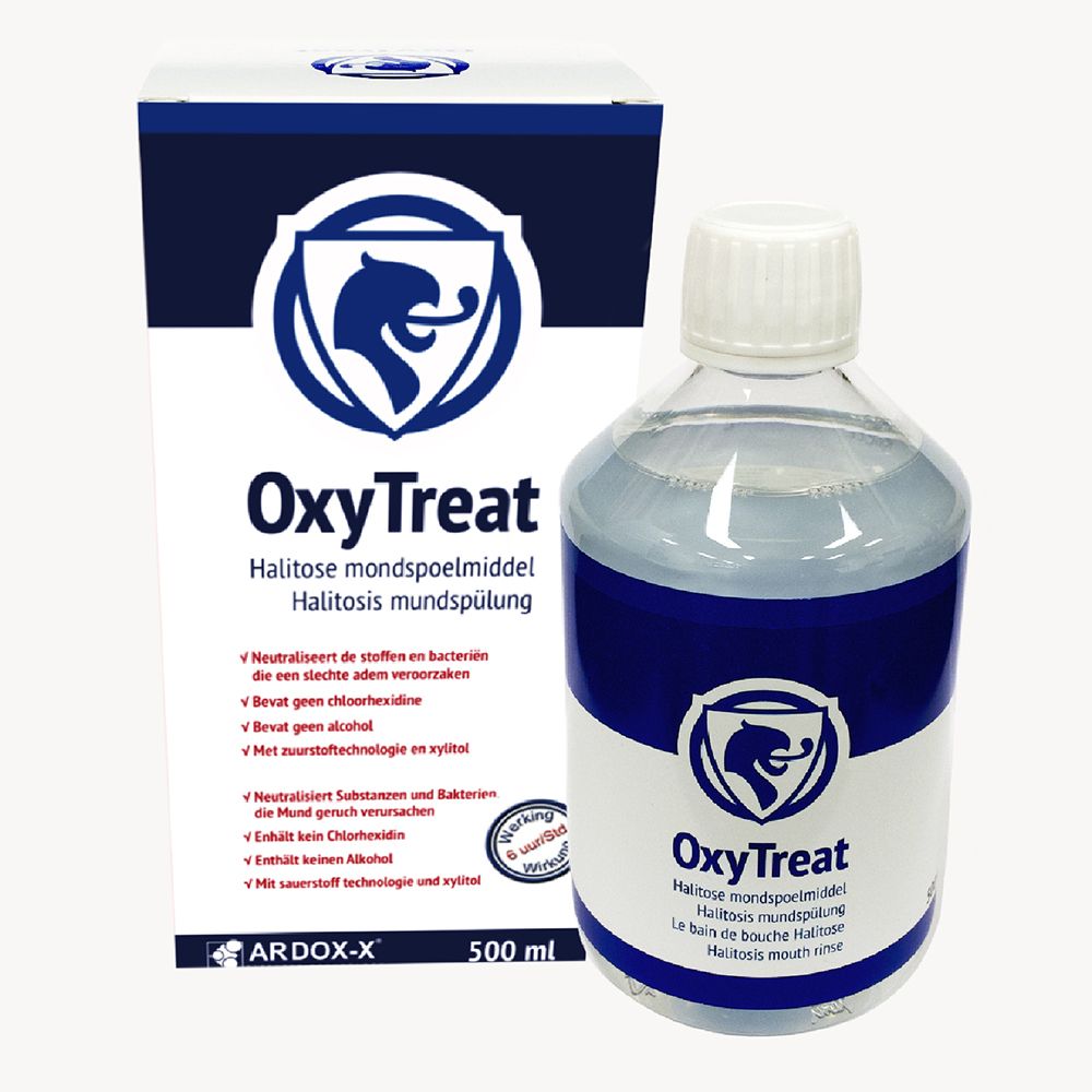 OxyTreat mondspoeling, fles en verpakking. Blauw-witte verpakking. Fles met witte dop.