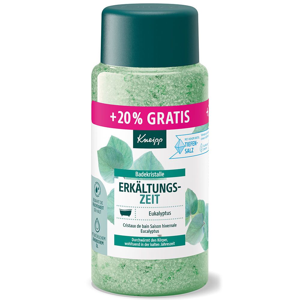 Bouteille de cristaux de bain verts, marque Kneipp, "Erkältungs-Zeit" à l'eucalyptus.