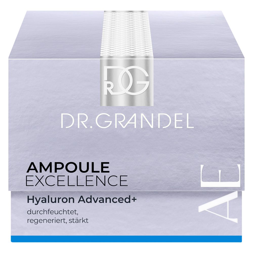 Boîte DR. GRANDEL. Texte: AMPULLE EXCELLENCE Hyaluron Advanced+. Inscription en allemand.