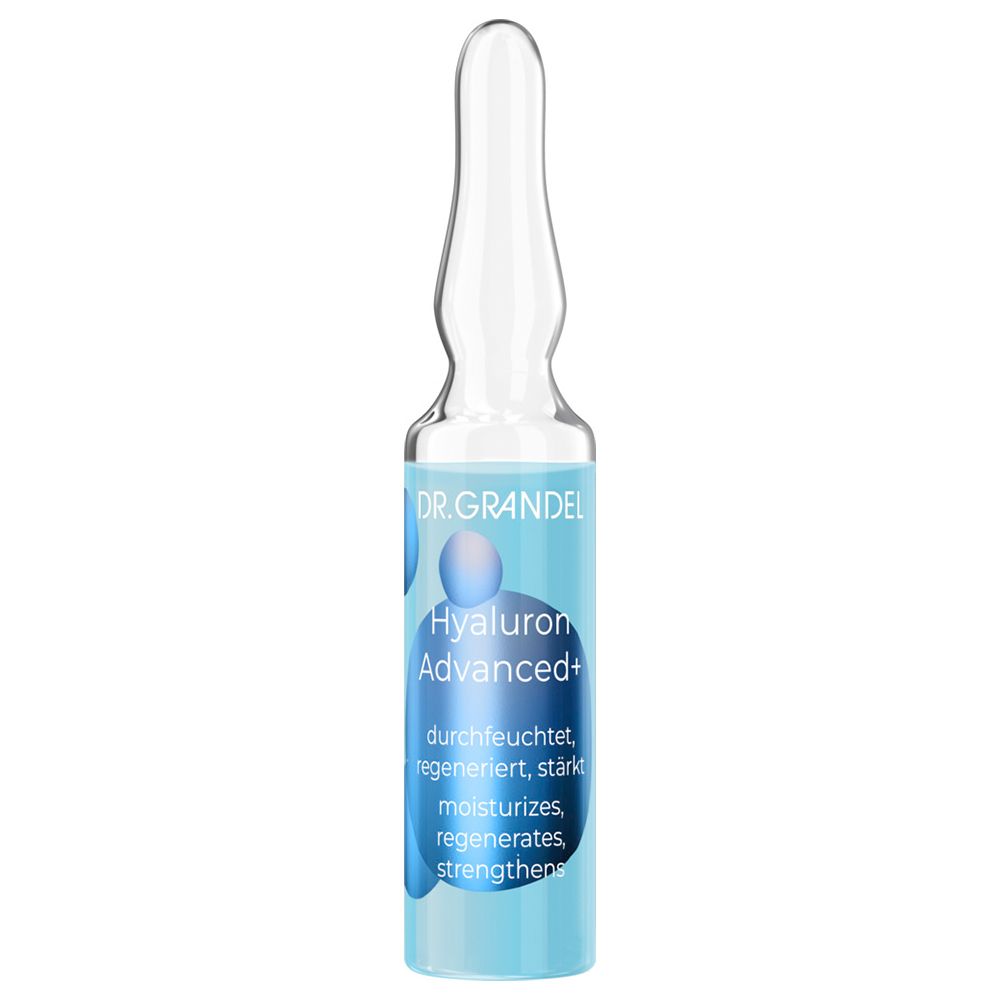 Ampoule transparente avec liquide bleu. Texte: Hyaluron Advanced+.