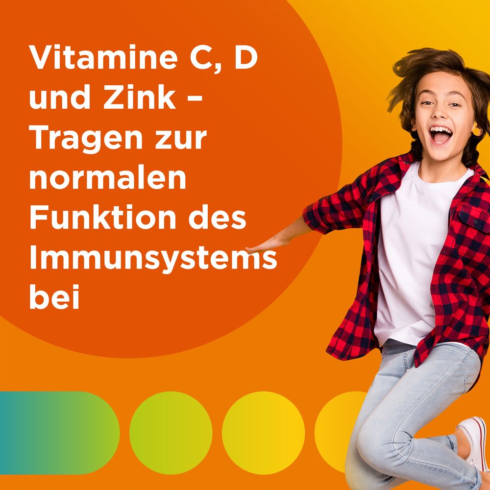 Lachende en springende kinderen, vitamine C, D en zink ter ondersteuning van het immuunsysteem.