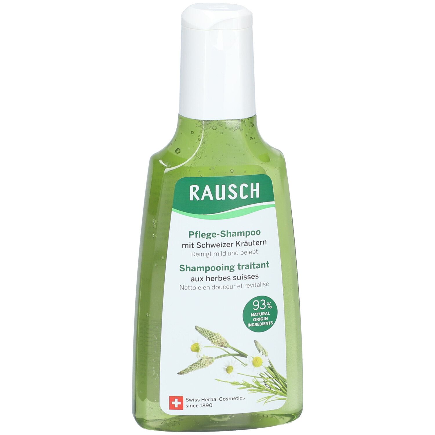 Flacon vert avec bouchon blanc. Inscription: RAUSCH Shampooing traitant aux herbes suisses. 93% ingrédients naturels.