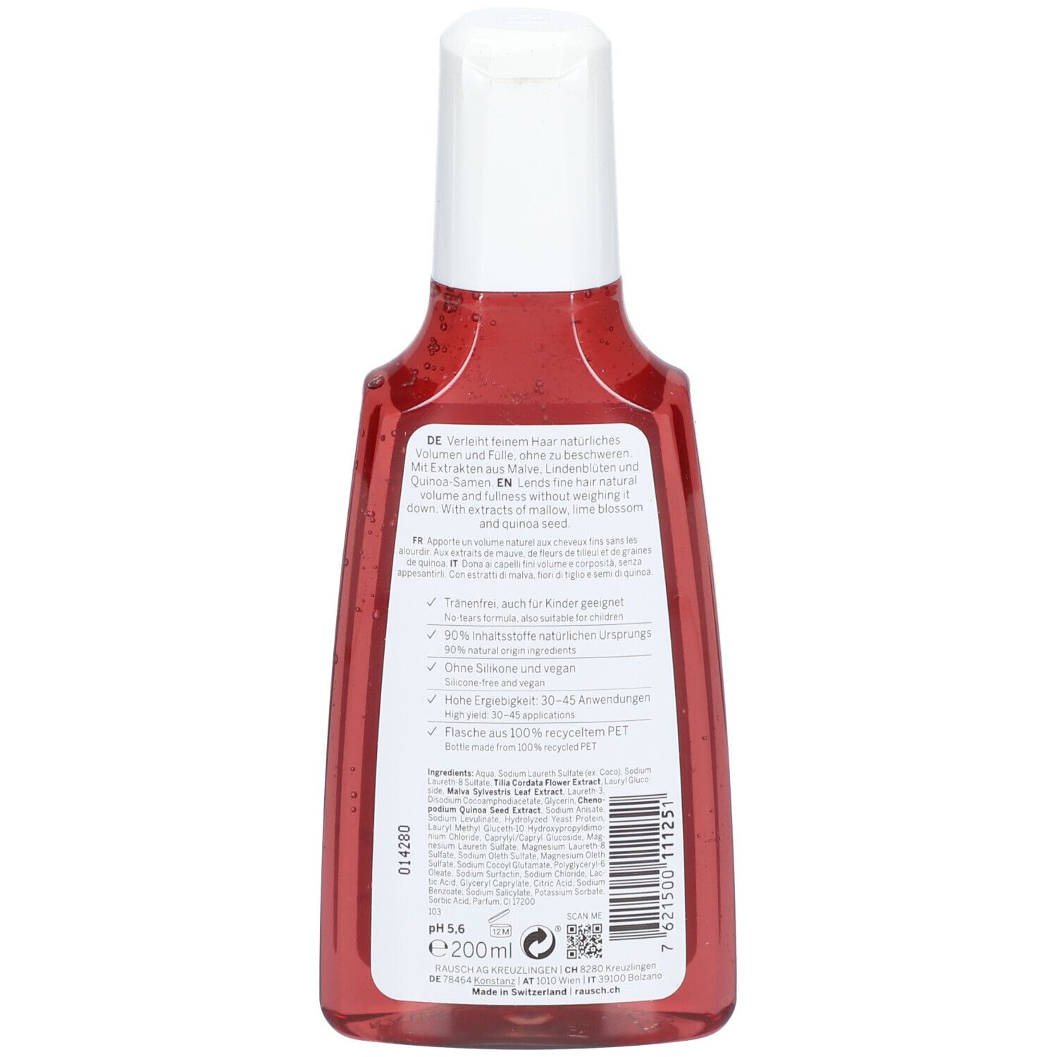 Achterkant van de fles volumeshampoo met malve. Tekst in het Duits, Frans en Engels. Ingrediënten en informatie.