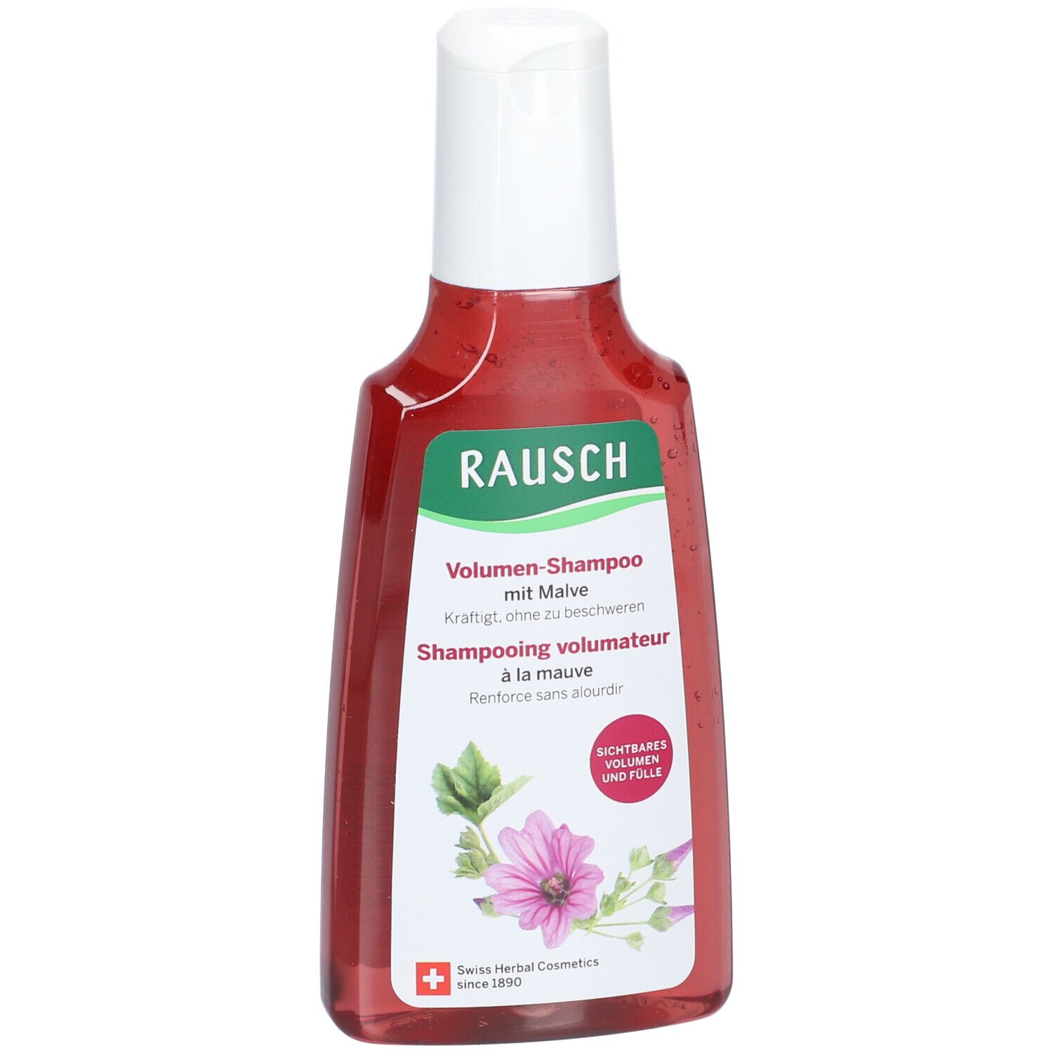 Fles volumeshampoo met malve. Rode vloeistof, witte dop. Groen-wit etiket met productnaam en malvebloem.