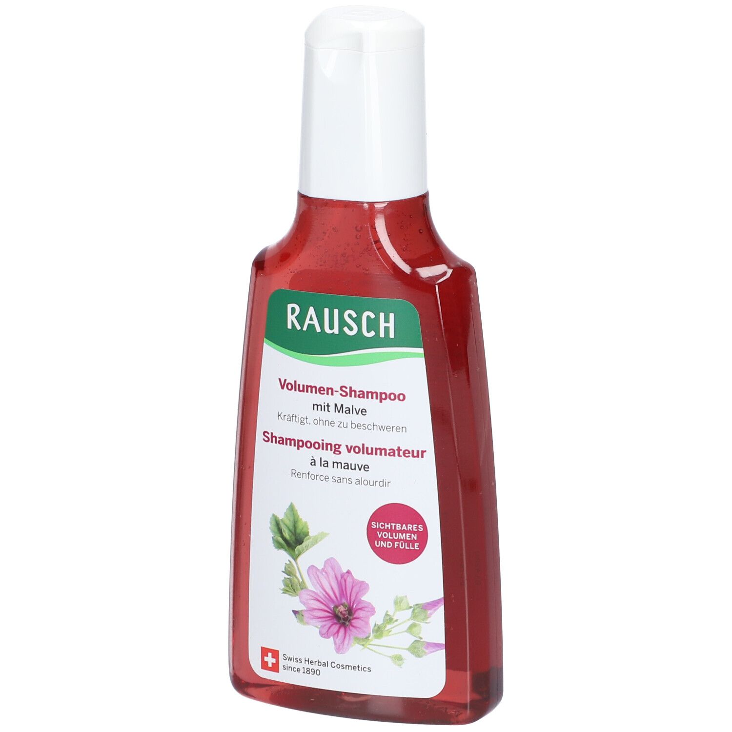 Fles volumeshampoo met malve. Rode vloeistof, witte dop. Groen-wit etiket met productnaam en malvebloem.