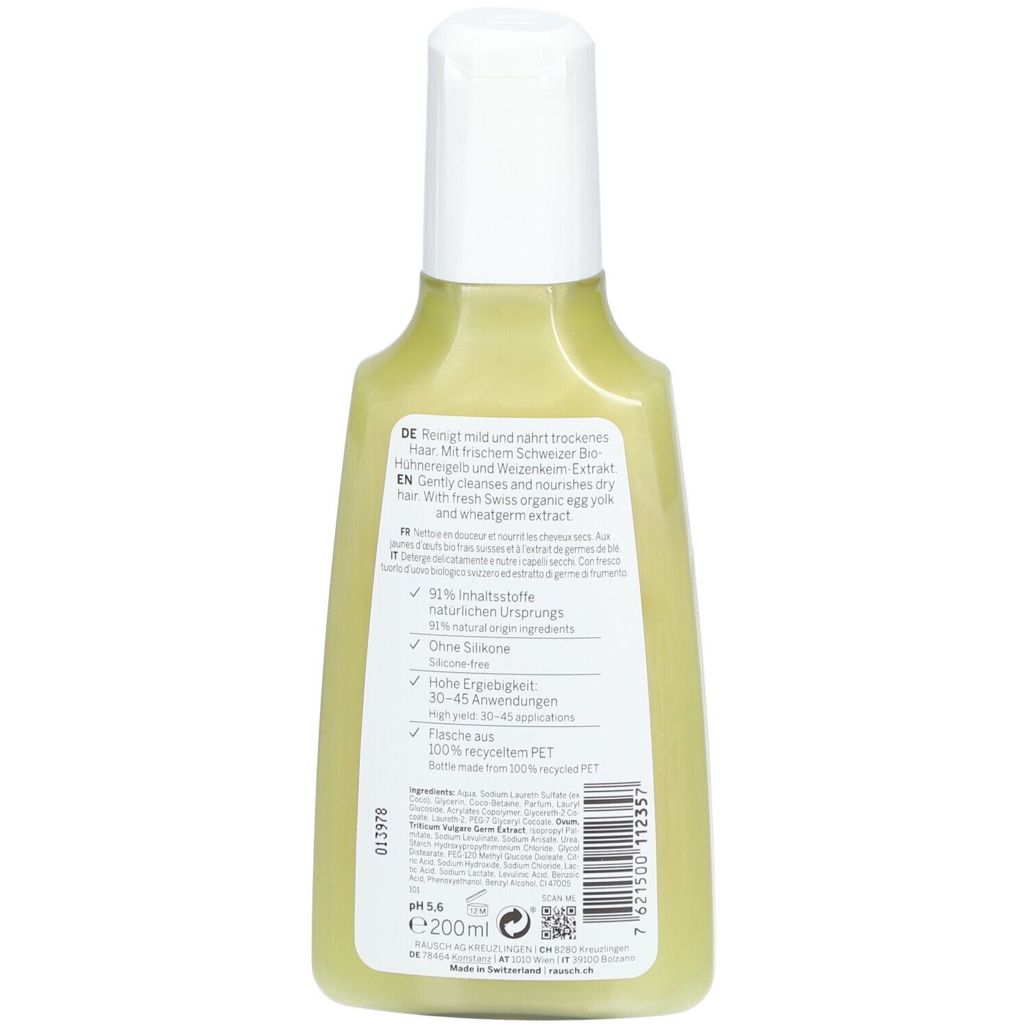 Dos du flacon vert avec bouchon blanc. Informations textuelles et ingrédients.