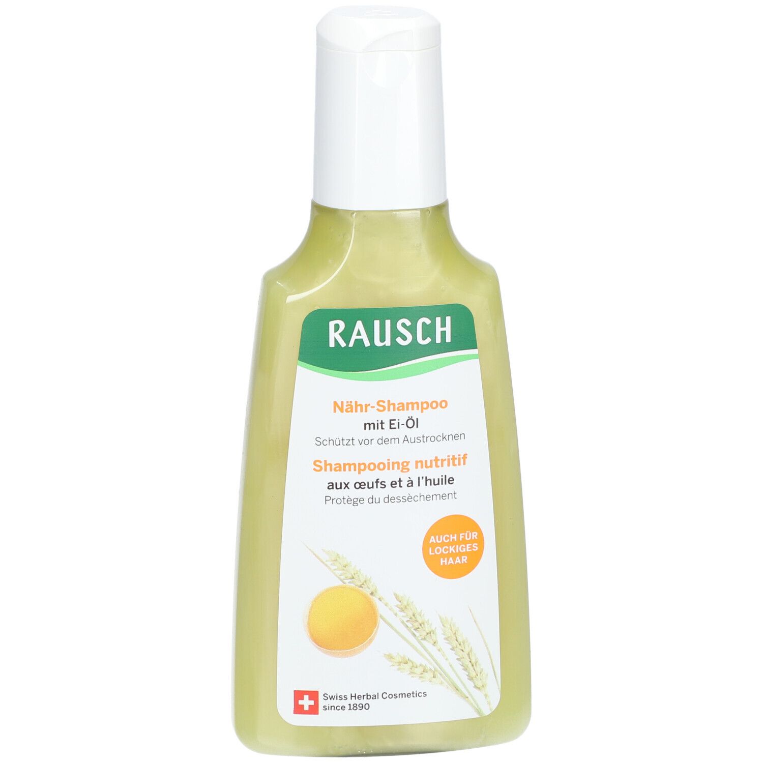 Flacon vert avec bouchon blanc. Inscription: RAUSCH Shampooing nutritif aux œufs et à l'huile. Cosmétiques suisses aux herbes.
