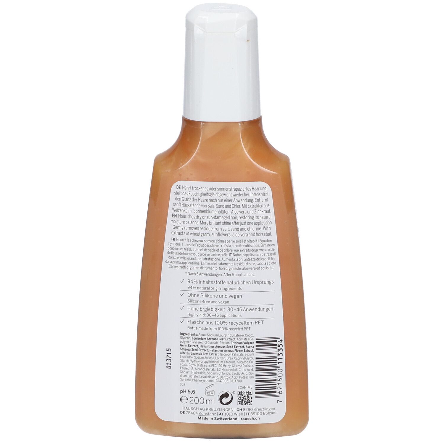 Dos du flacon de shampooing. Informations textuelles multilingues. Contient ingrédients et informations fabricant.