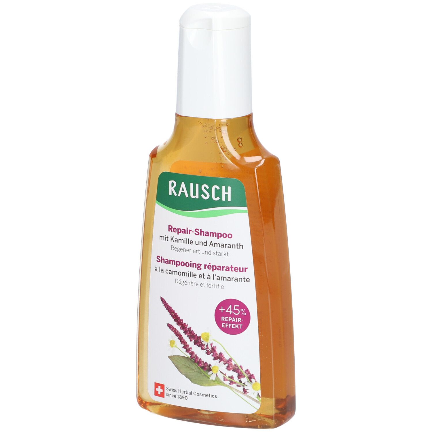 Flacon de shampooing. Inscription: RAUSCH Repair-Shampooing à la camomille et à l'amarante. Illustration de fleurs. Cosmétiques suisses aux herbes.