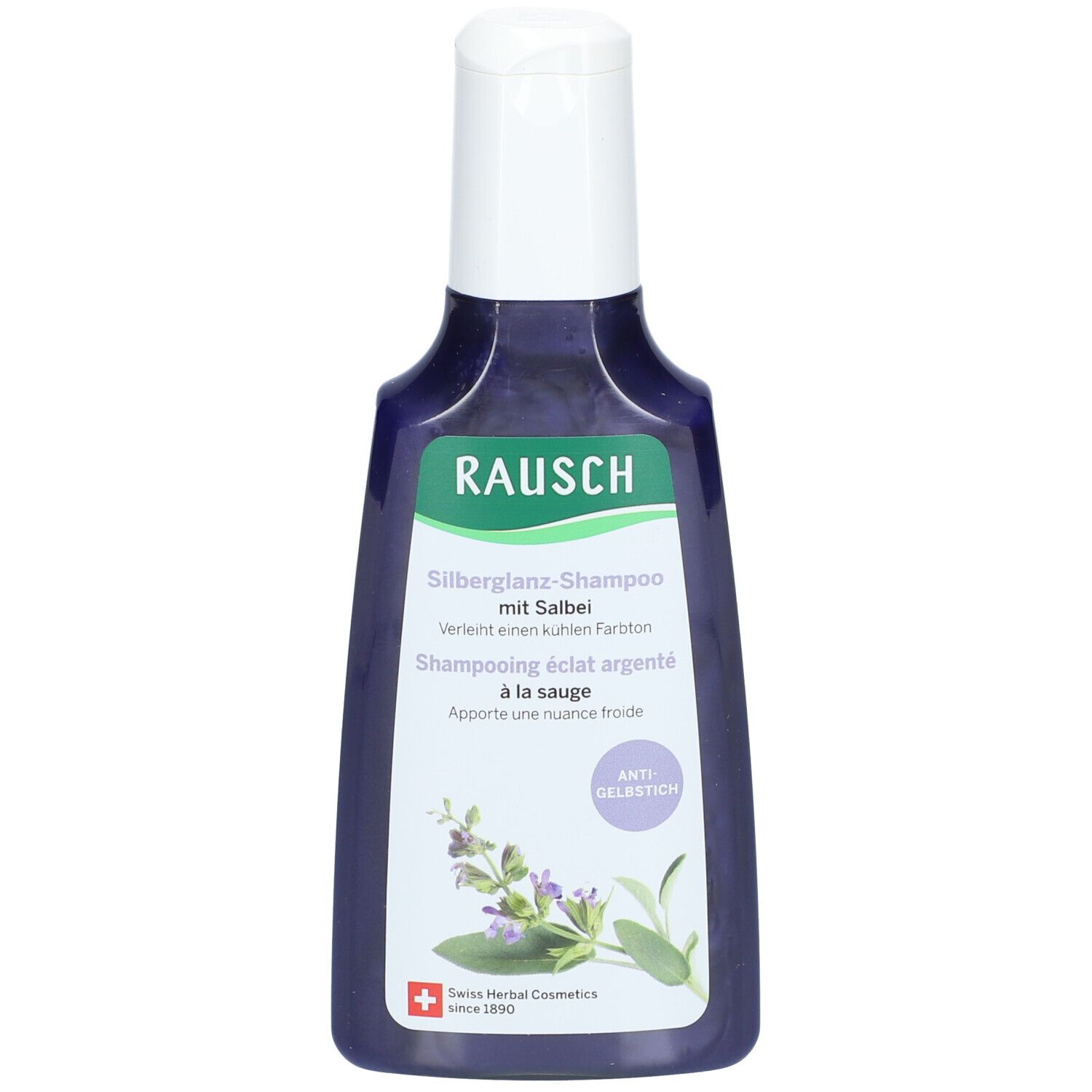 Fles RAUSCH Silberglanz-shampoo met salie. Paarse vloeistof, witte dop. Etiket met productnaam, salie-illustratie.