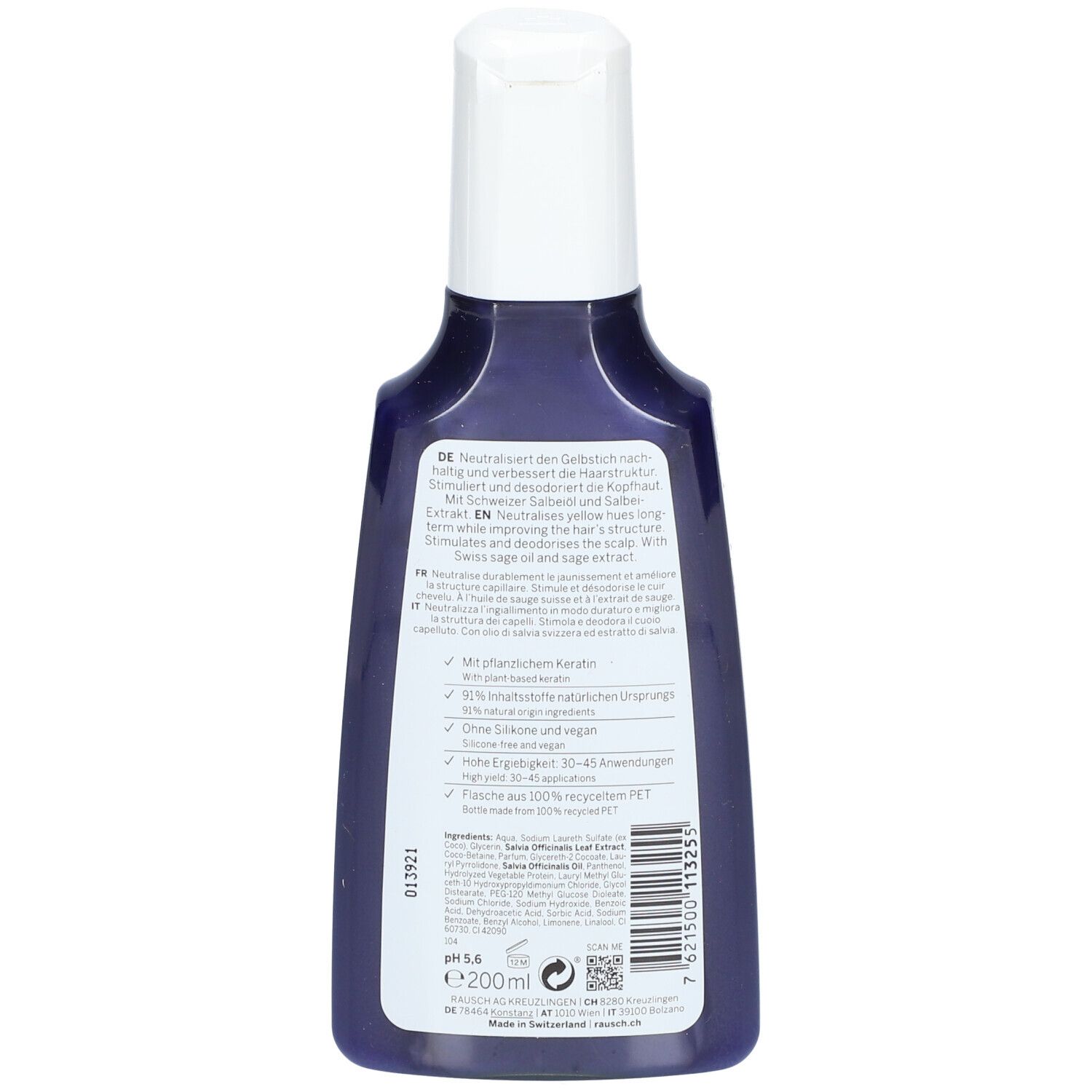 Achterkant van de fles RAUSCH Silberglanz-shampoo met salie. Tekstinformatie, ingrediënten, volume 200ml.