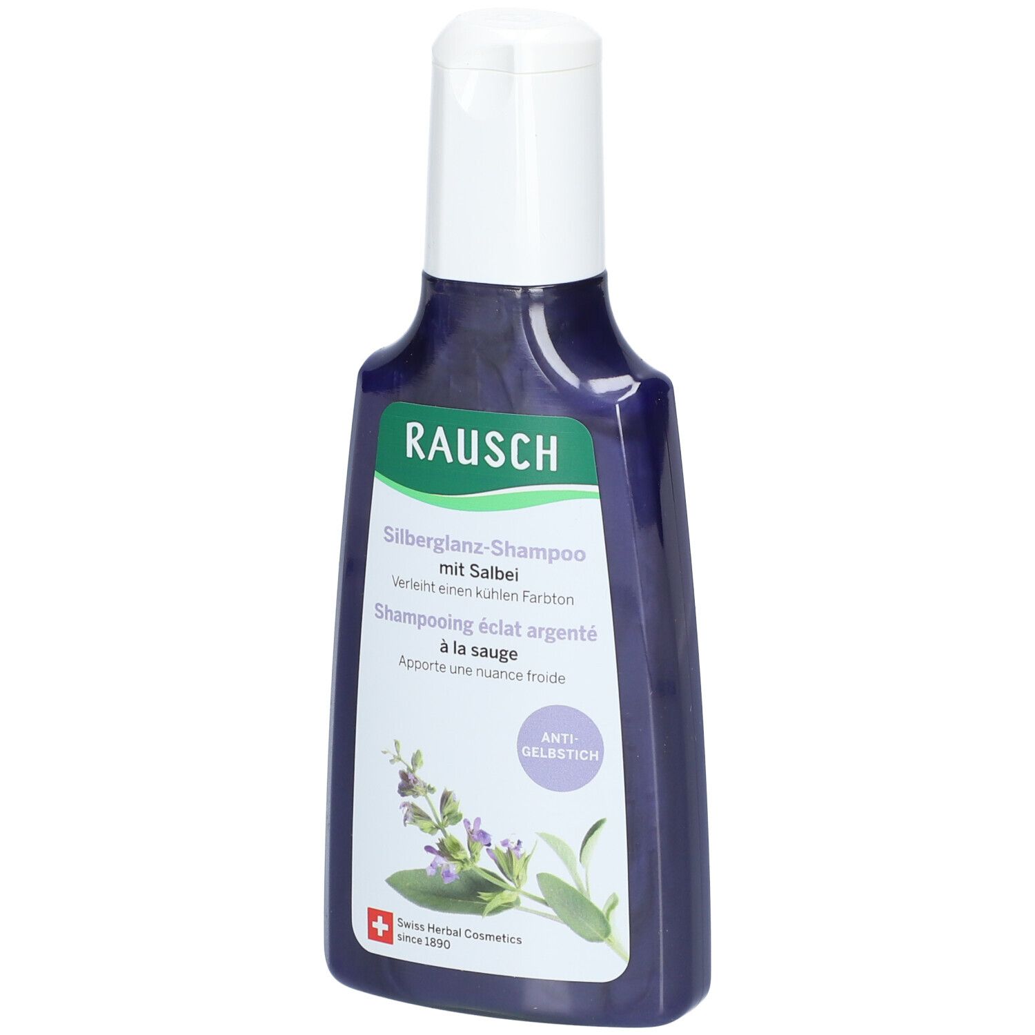 Fles RAUSCH Silberglanz-shampoo met salie. Paarse vloeistof, witte dop. Etiket met productnaam, salie-illustratie.