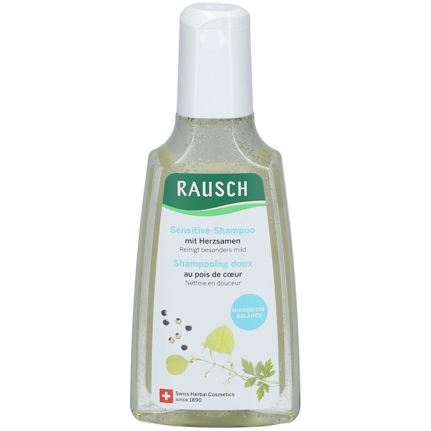 Transparante shampoo fles met witte dop. Opschrift: RAUSCH Sensitive-Shampoo mit Herzsamen. Zwitserse kruiden cosmetica.