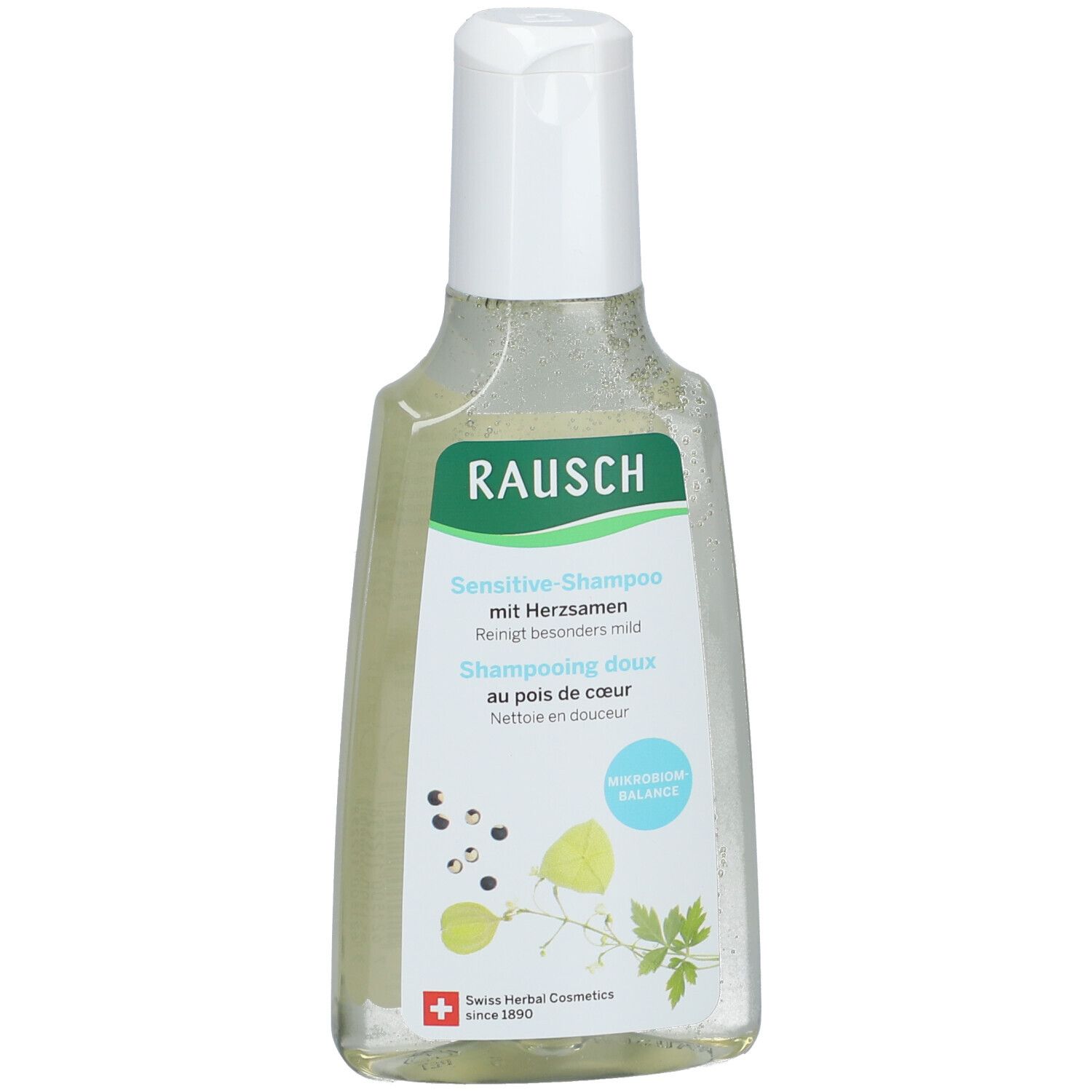 Transparante shampoo fles met witte dop. Opschrift: RAUSCH Sensitive-Shampoo mit Herzsamen. Zwitserse kruiden cosmetica.