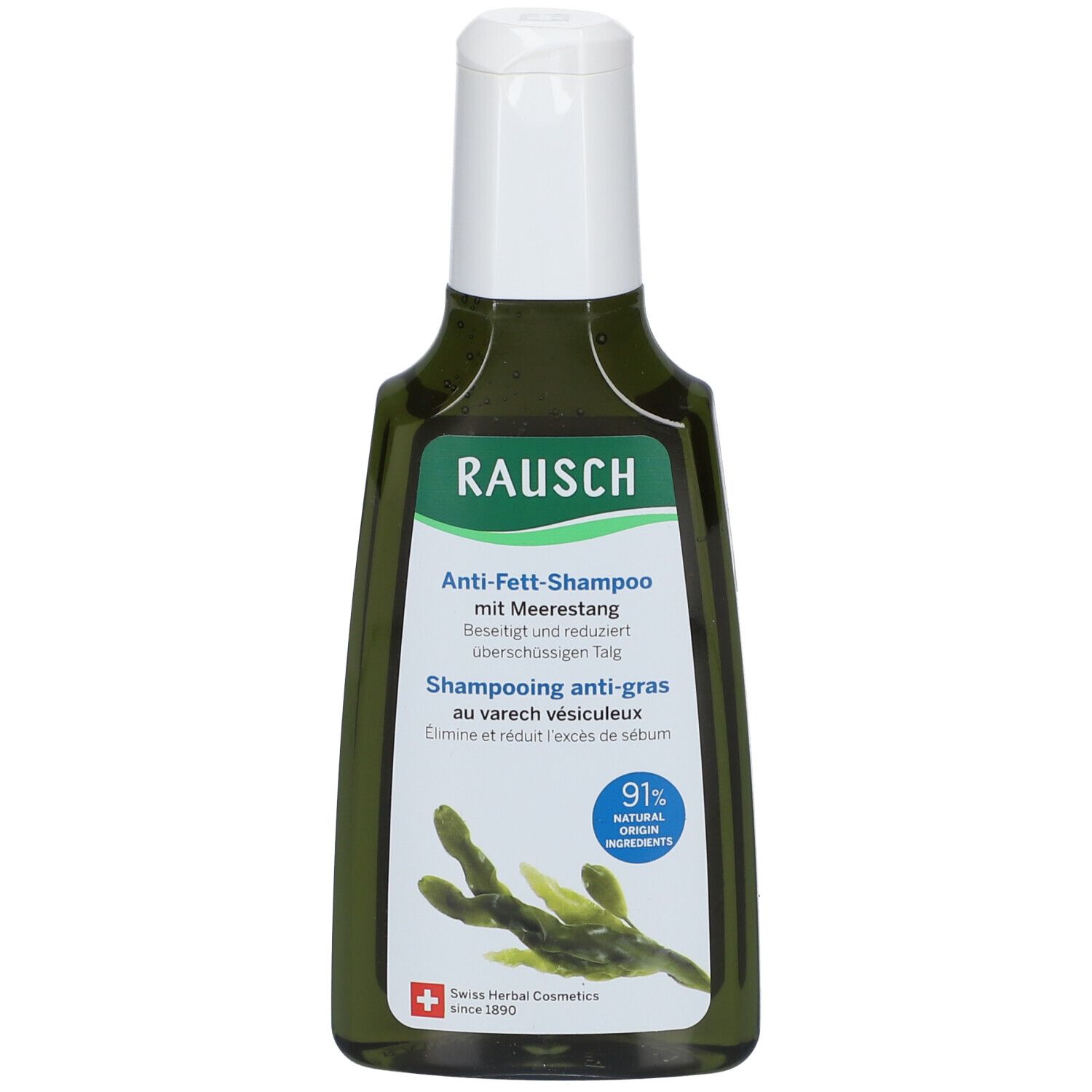 Groene fles met witte dop. Tekst: RAUSCH, Anti-vet shampoo met zeewier. 91% natuurlijke ingrediënten.
