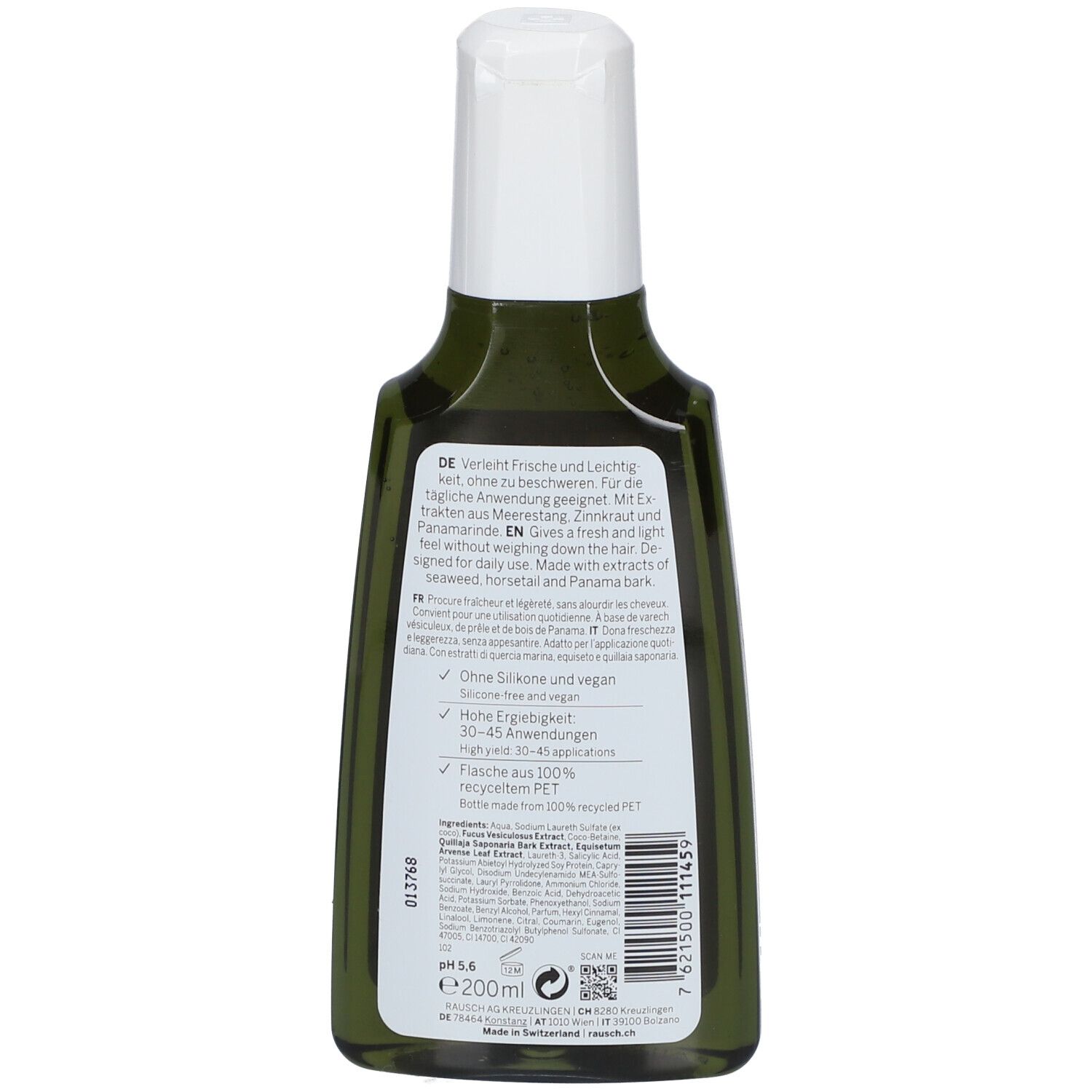 Achterkant van de groene fles. Tekst: productinfo, ingrediënten, pH, 200ml. 91% natuurlijke ingrediënten.