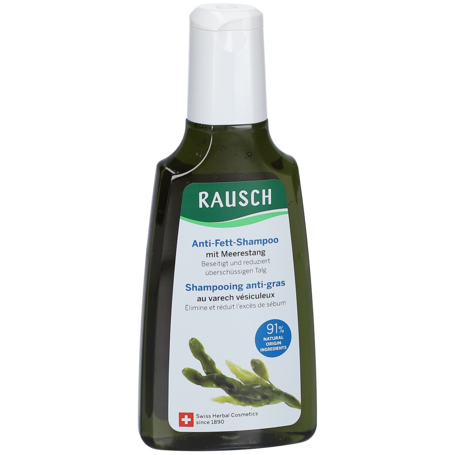 Groene fles met witte dop. Tekst: RAUSCH, Anti-vet shampoo met zeewier. 91% natuurlijke ingrediënten.