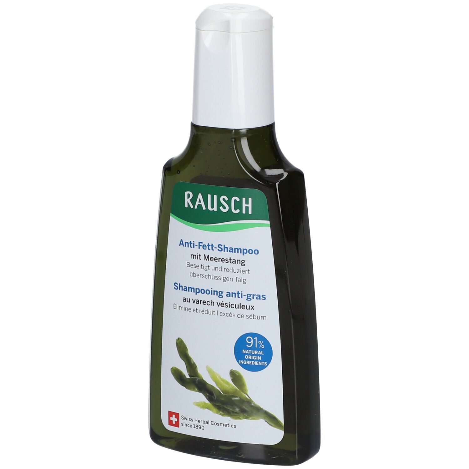 Groene fles met witte dop. Tekst: RAUSCH, Anti-vet shampoo met zeewier. 91% natuurlijke ingrediënten.