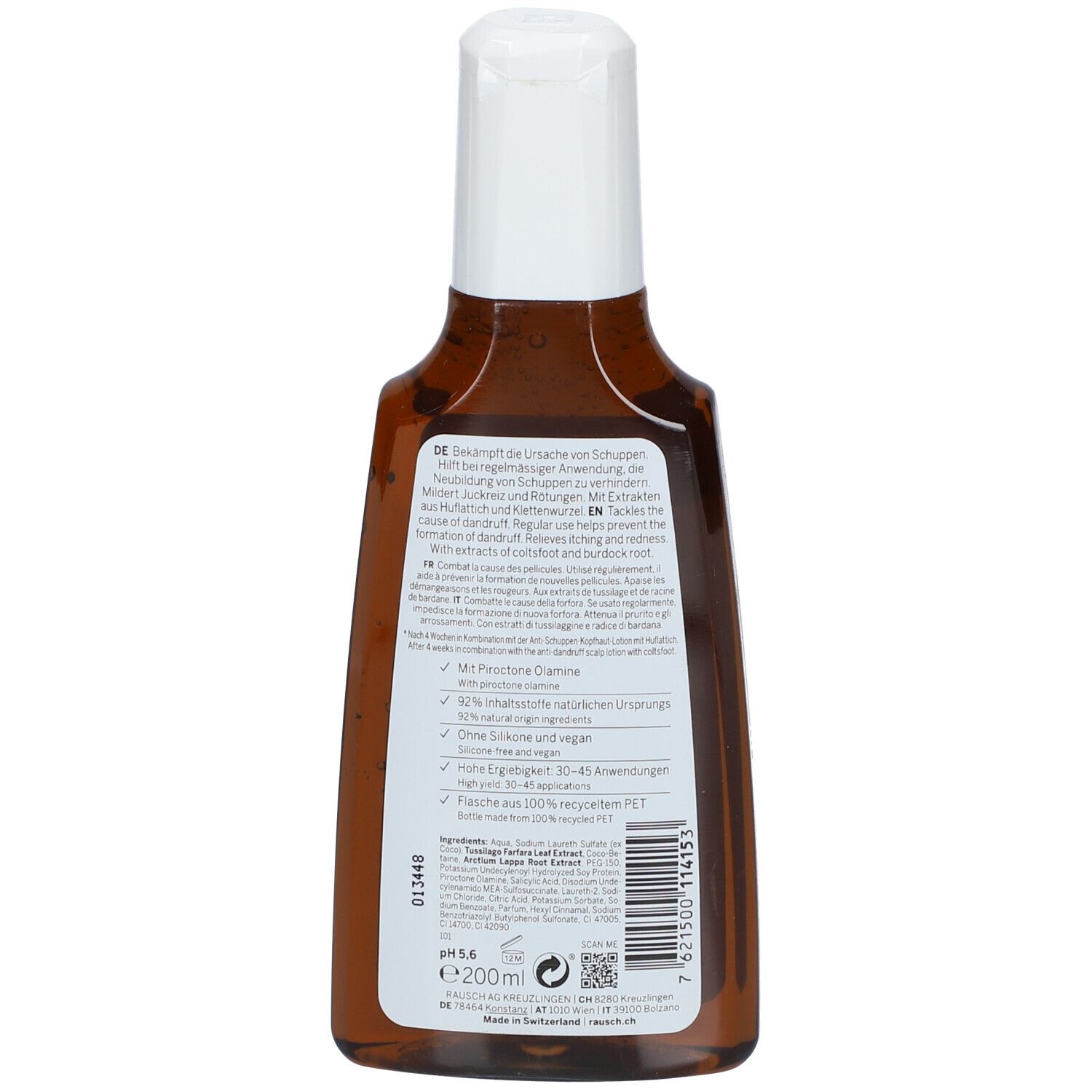 Dos d'un flacon marron avec bouchon blanc. Informations textuelles, ingrédients et code QR visibles.