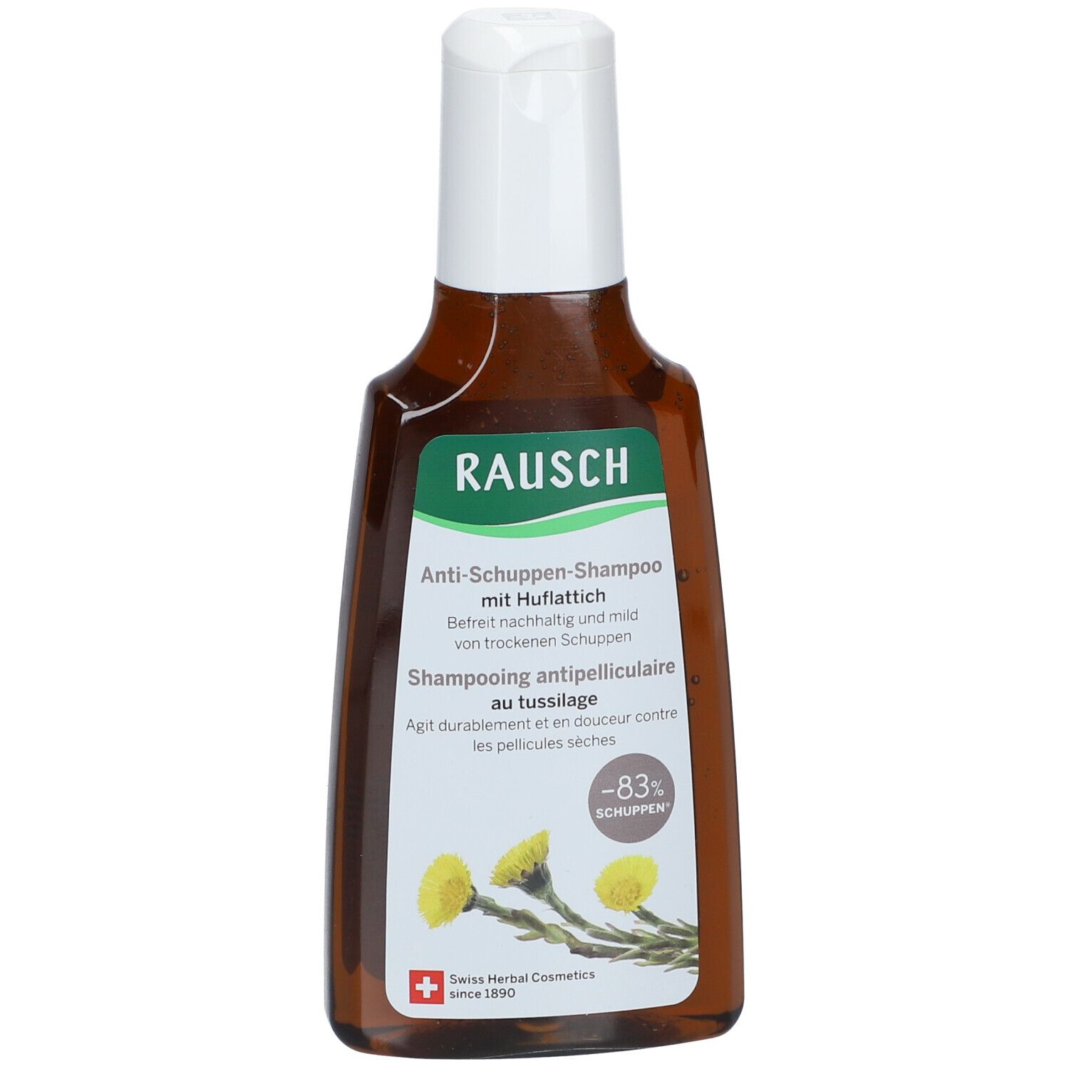 Flacon marron avec bouchon blanc. Inscription: RAUSCH Shampooing antipelliculaire au tussilage. Cosmétiques aux herbes suisses.
