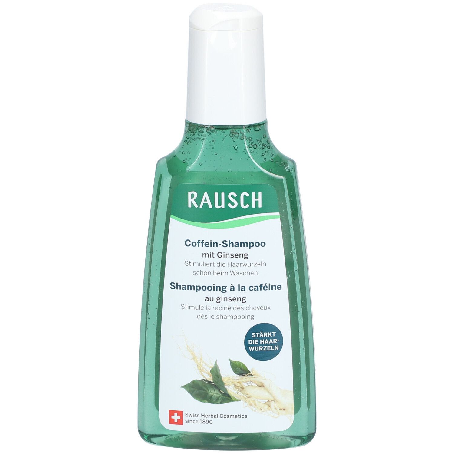 Flacon de shampooing vert avec bouchon blanc. Inscription: RAUSCH Shampooing à la caféine au ginseng. Cosmétiques suisses aux herbes.