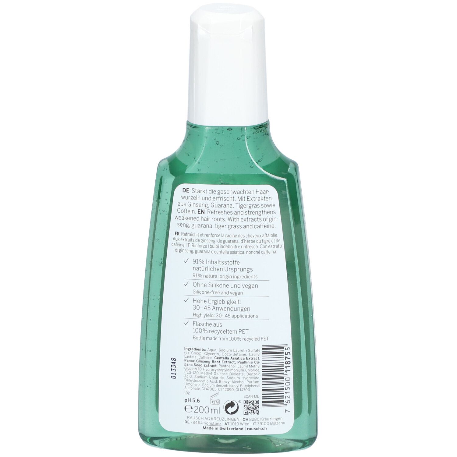 Dos du flacon de shampooing vert. Informations textuelles en plusieurs langues. Ingrédients et informations du fabricant.