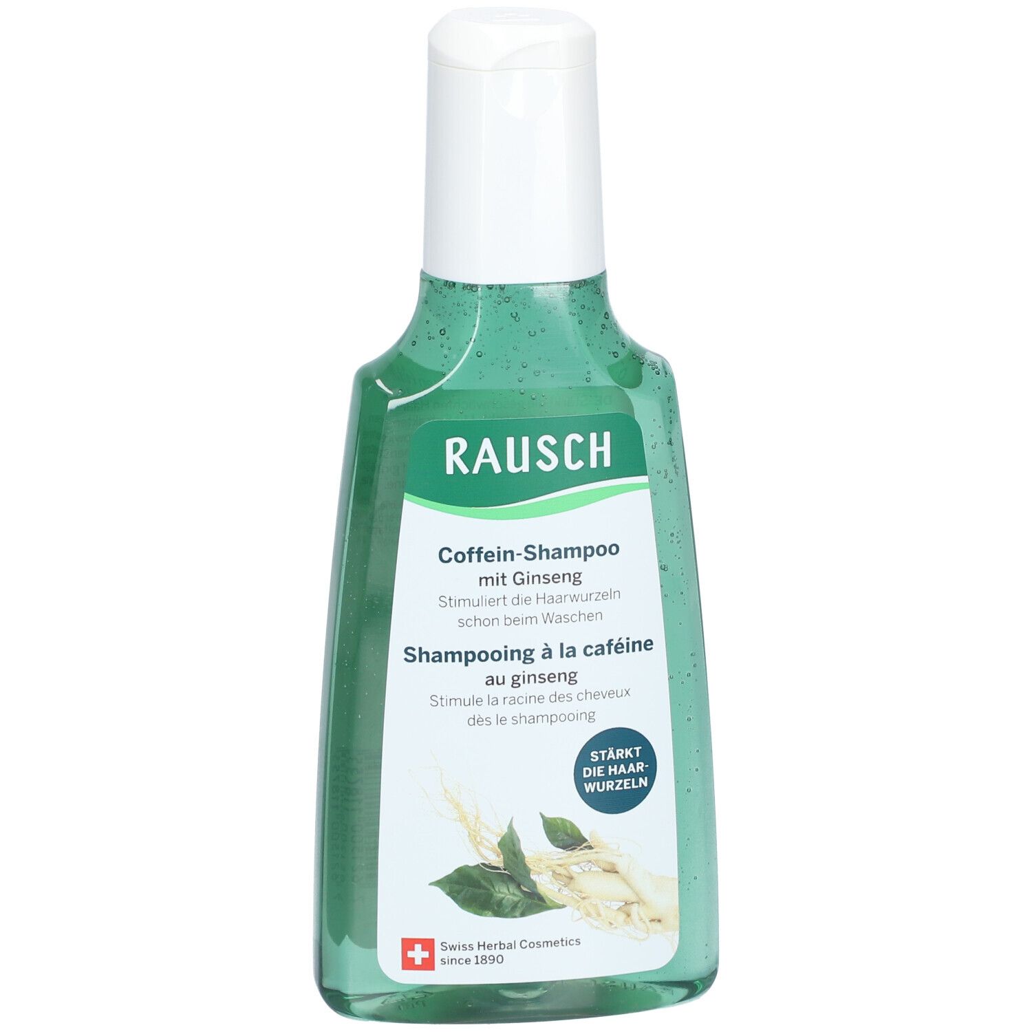 Flacon de shampooing vert avec bouchon blanc. Inscription: RAUSCH Shampooing à la caféine au ginseng. Cosmétiques suisses aux herbes.