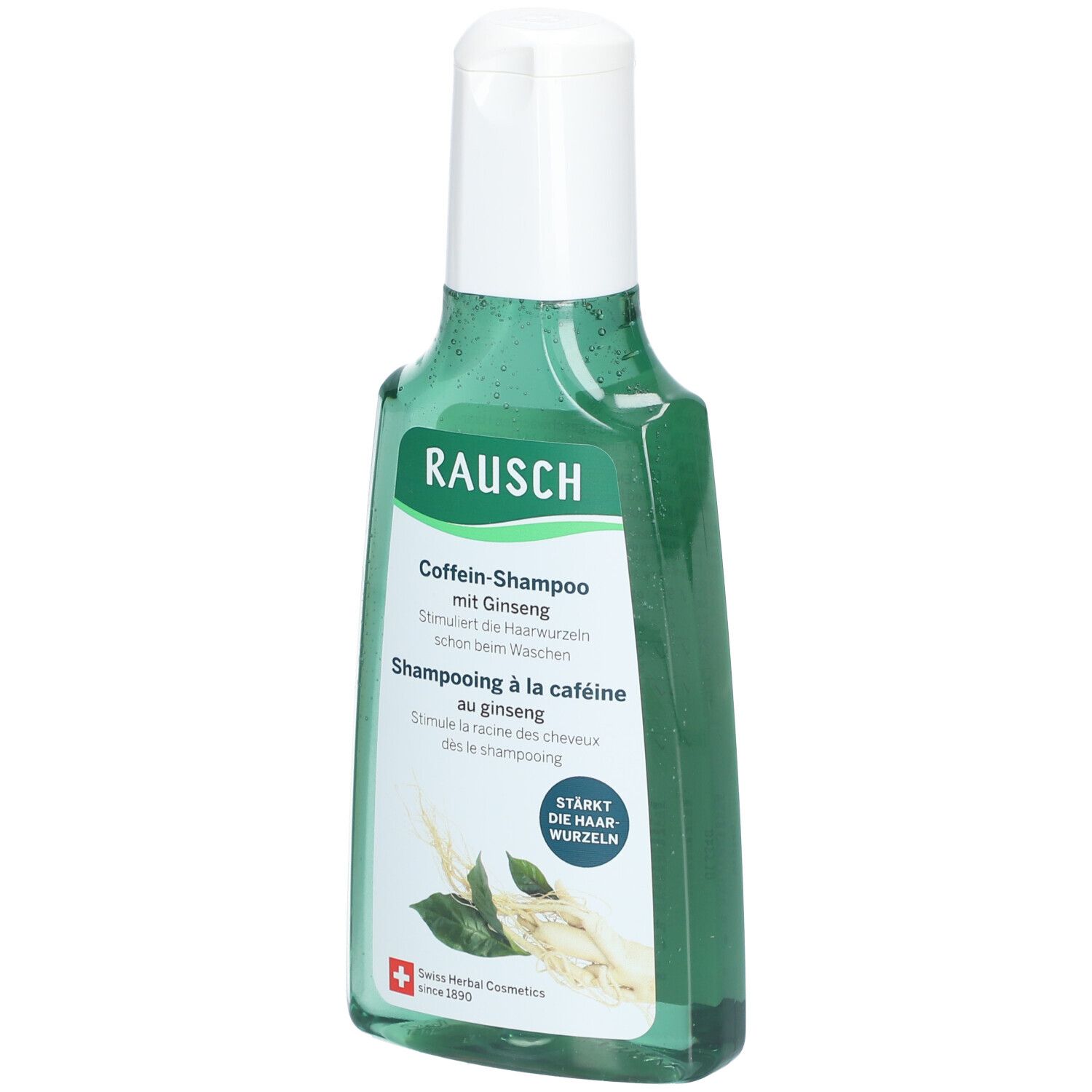Flacon de shampooing vert avec bouchon blanc. Inscription: RAUSCH Shampooing à la caféine au ginseng. Cosmétiques suisses aux herbes.