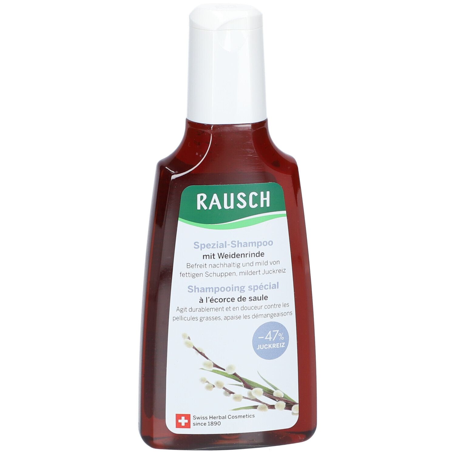 Bruine fles met witte dop. Opschrift: RAUSCH Speciaal-Shampoo met Wilgenbast. Zwitserse kruiden cosmetica.