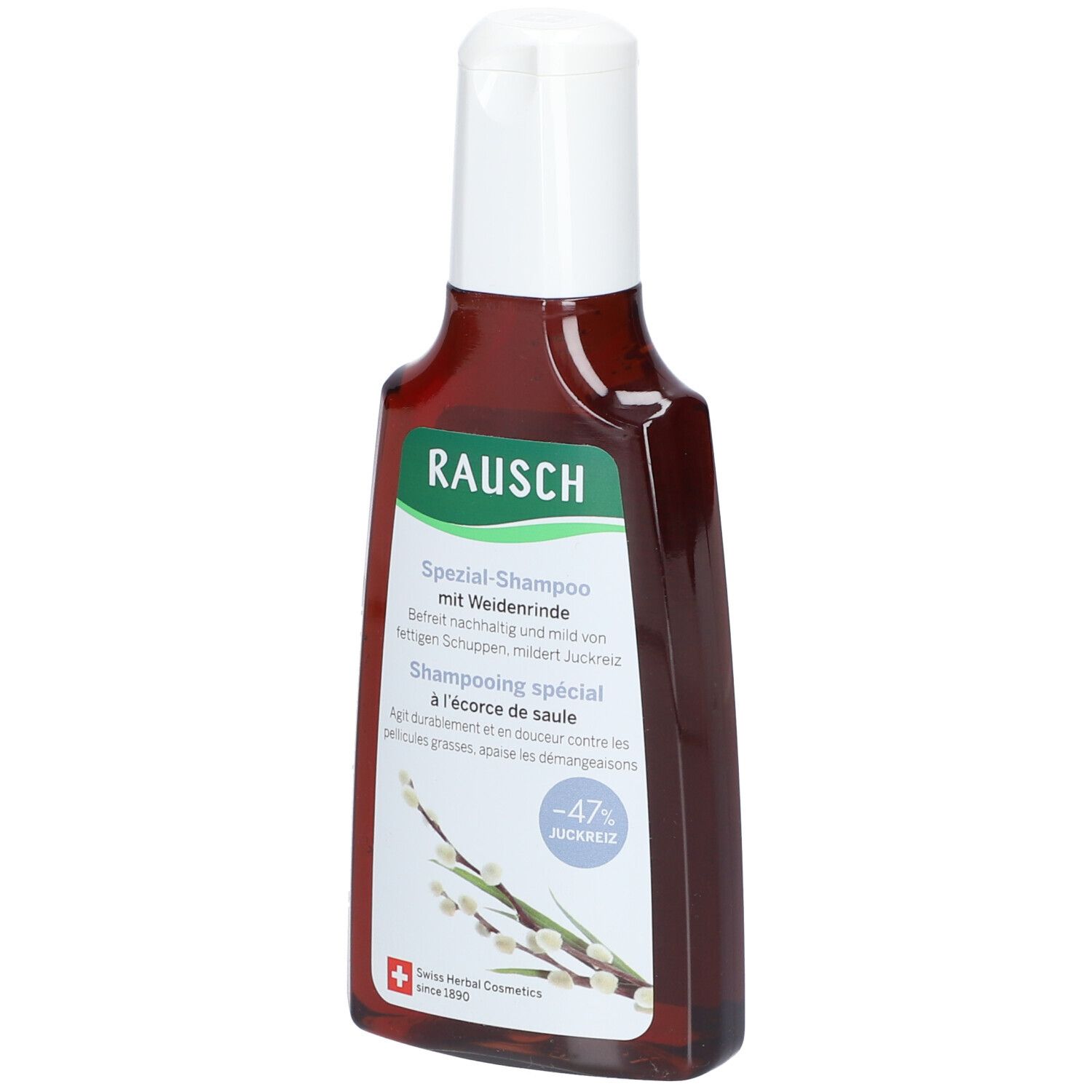 Bruine fles met witte dop. Opschrift: RAUSCH Speciaal-Shampoo met Wilgenbast. Zwitserse kruiden cosmetica.