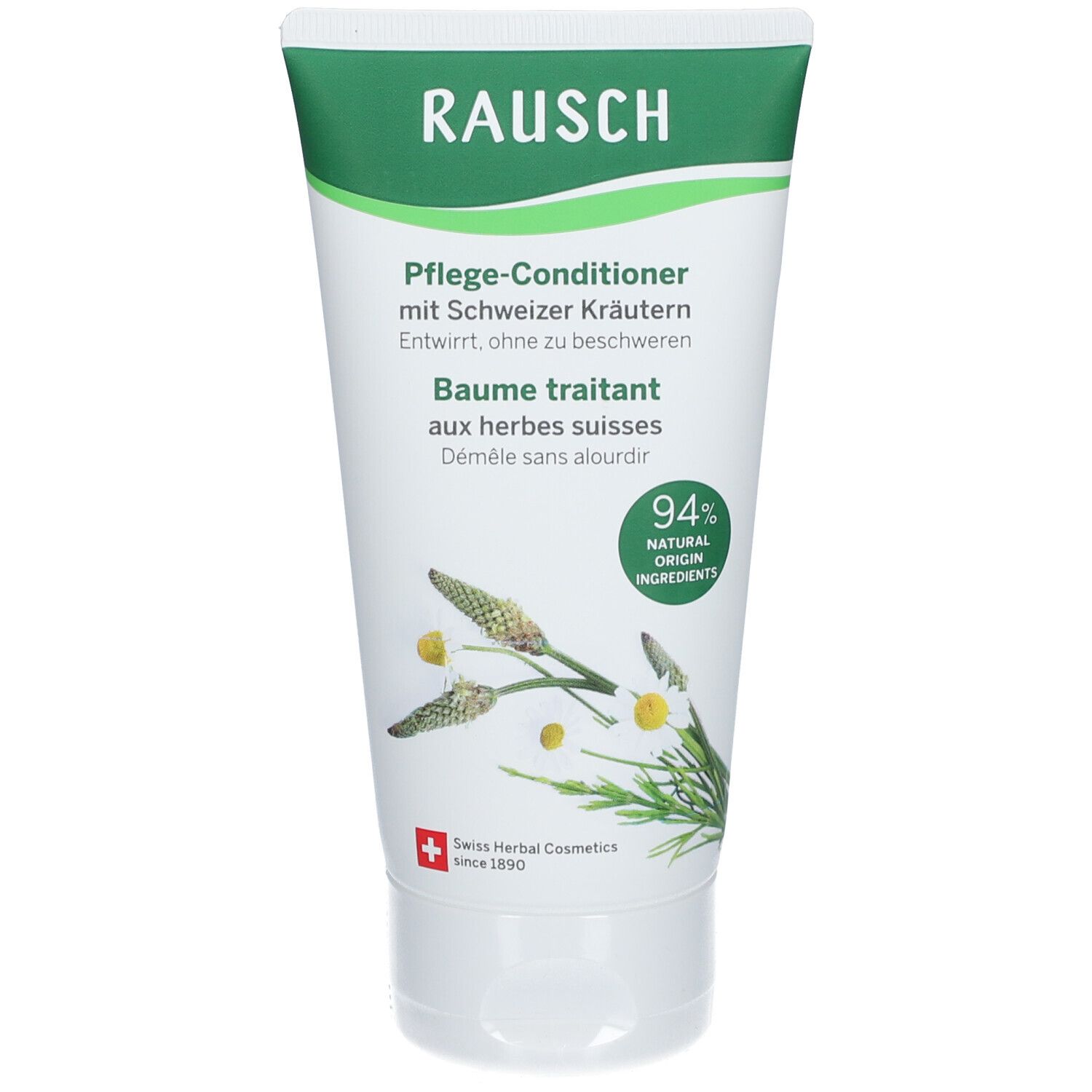 Tube met groen-wit etiket. Tekst: RAUSCH, Pflege-Conditioner mit Schweizer Kräutern, Baume traitant aux herbes suisses. 94% Natural Origin Ingredients.