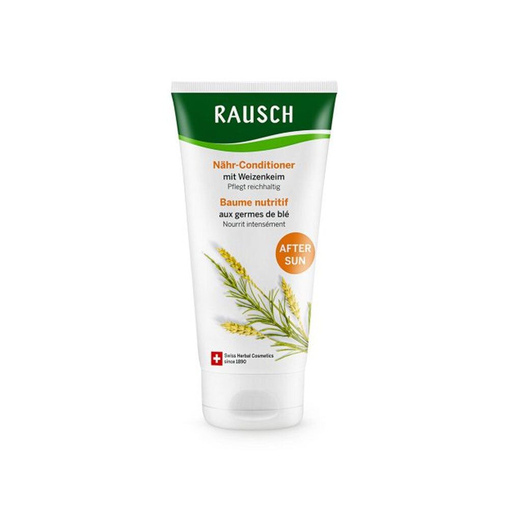 Tube de RAUSCH Nähr-Conditioner mit Weizenkeim. Tube blanc avec bouchon vert et texte. Contient After Sun.