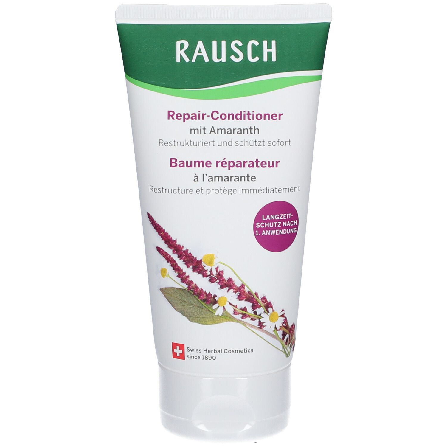 Witte tube met groene dop. Opschrift RAUSCH, Repair-Conditioner mit Amaranth. Illustratie van bloemen.