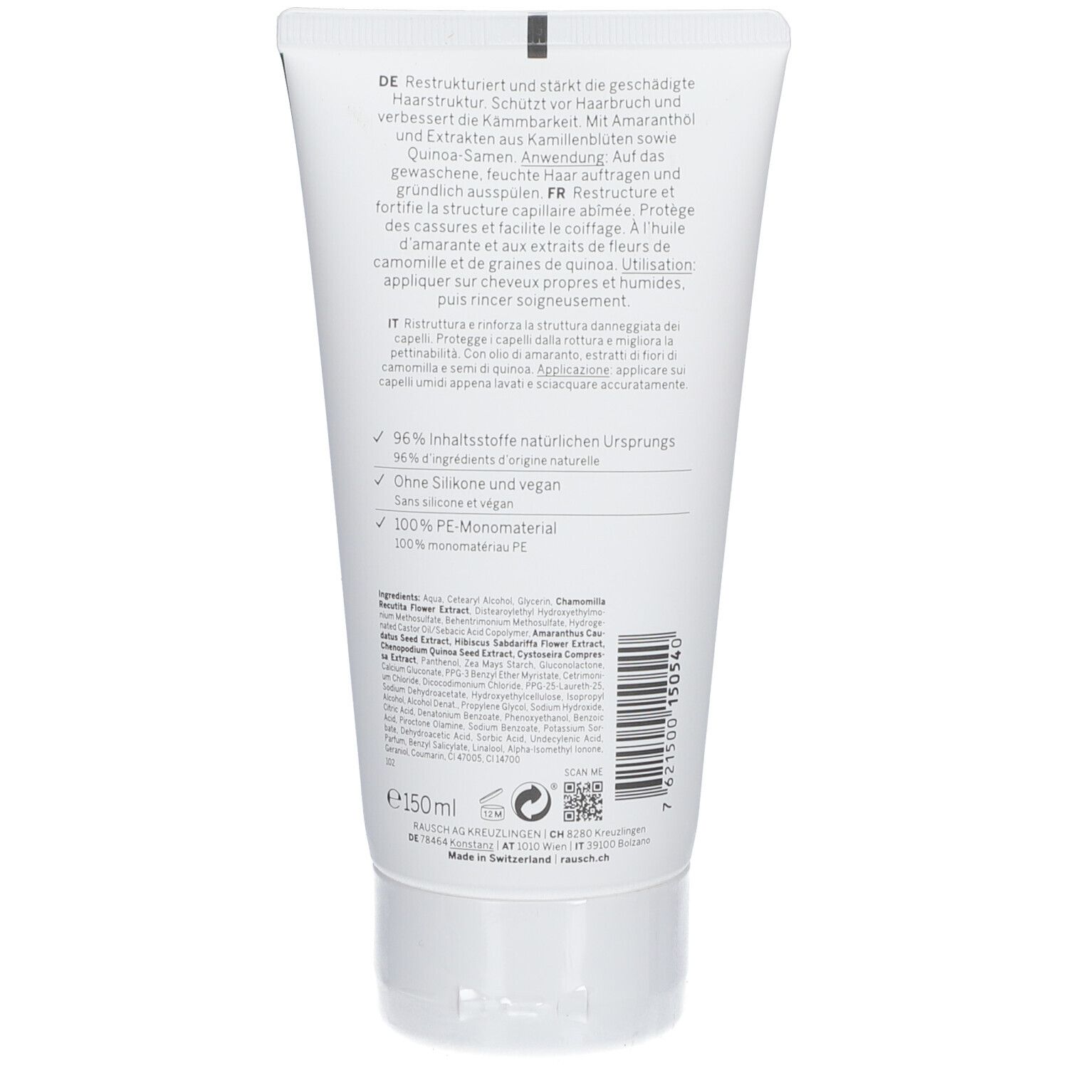 Achterkant van de tube. Tekst in het Duits en Frans. Ingrediënten en logo's. 150ml. Gemaakt in Zwitserland.