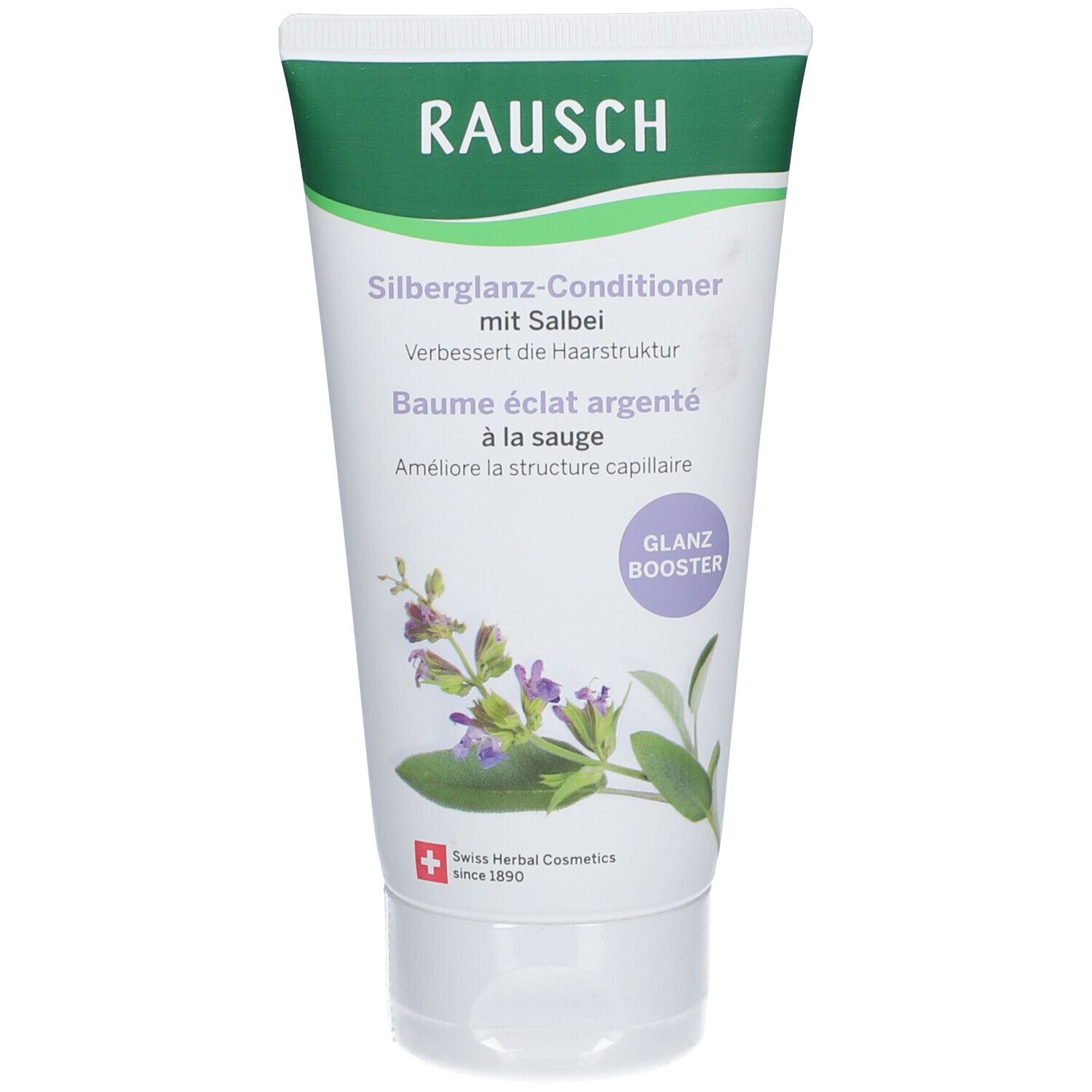 Tube de RAUSCH Silberglanz-Conditioner mit Salbei. Blanc, accents verts. Nom du produit et ingrédients imprimés.
