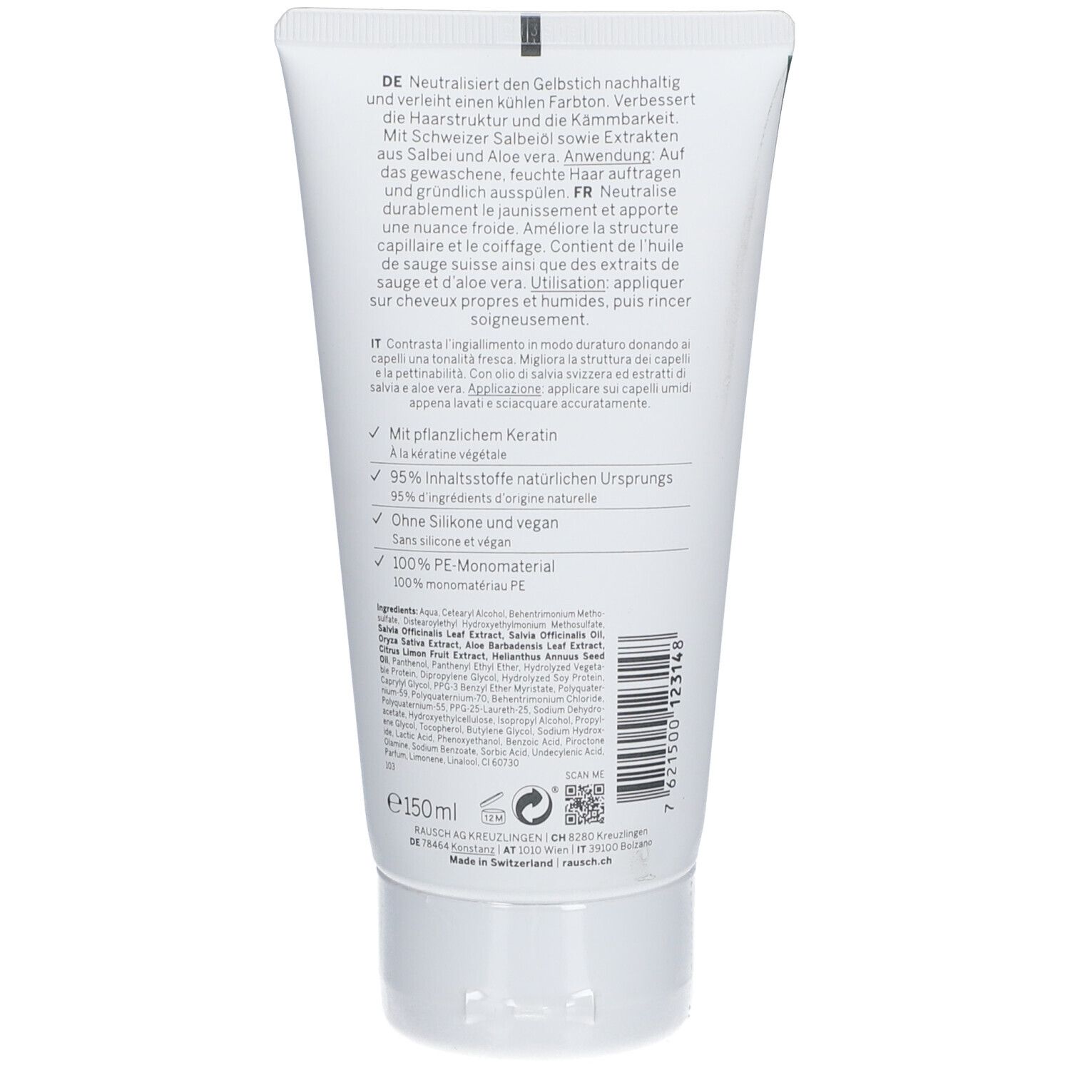 Dos du tube avec informations produit et ingrédients. Fond blanc, texte noir.