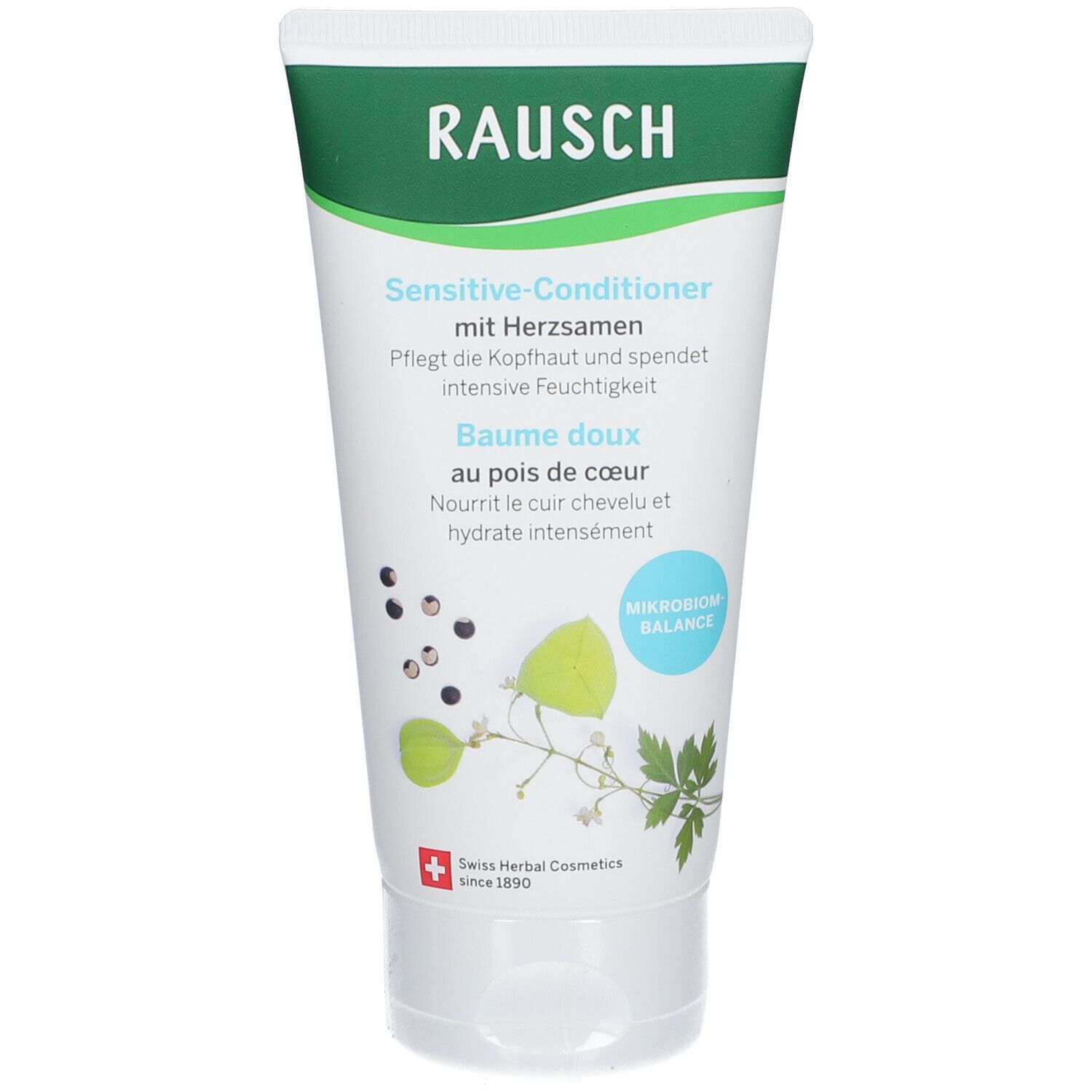 Tube RAUSCH Sensitive-Conditioner. Groen-witte verpakking, illustratie van hartzaden. Tekst: Sensitive-Conditioner, Mikroben Balance, Swiss Herbal Cosmetics.