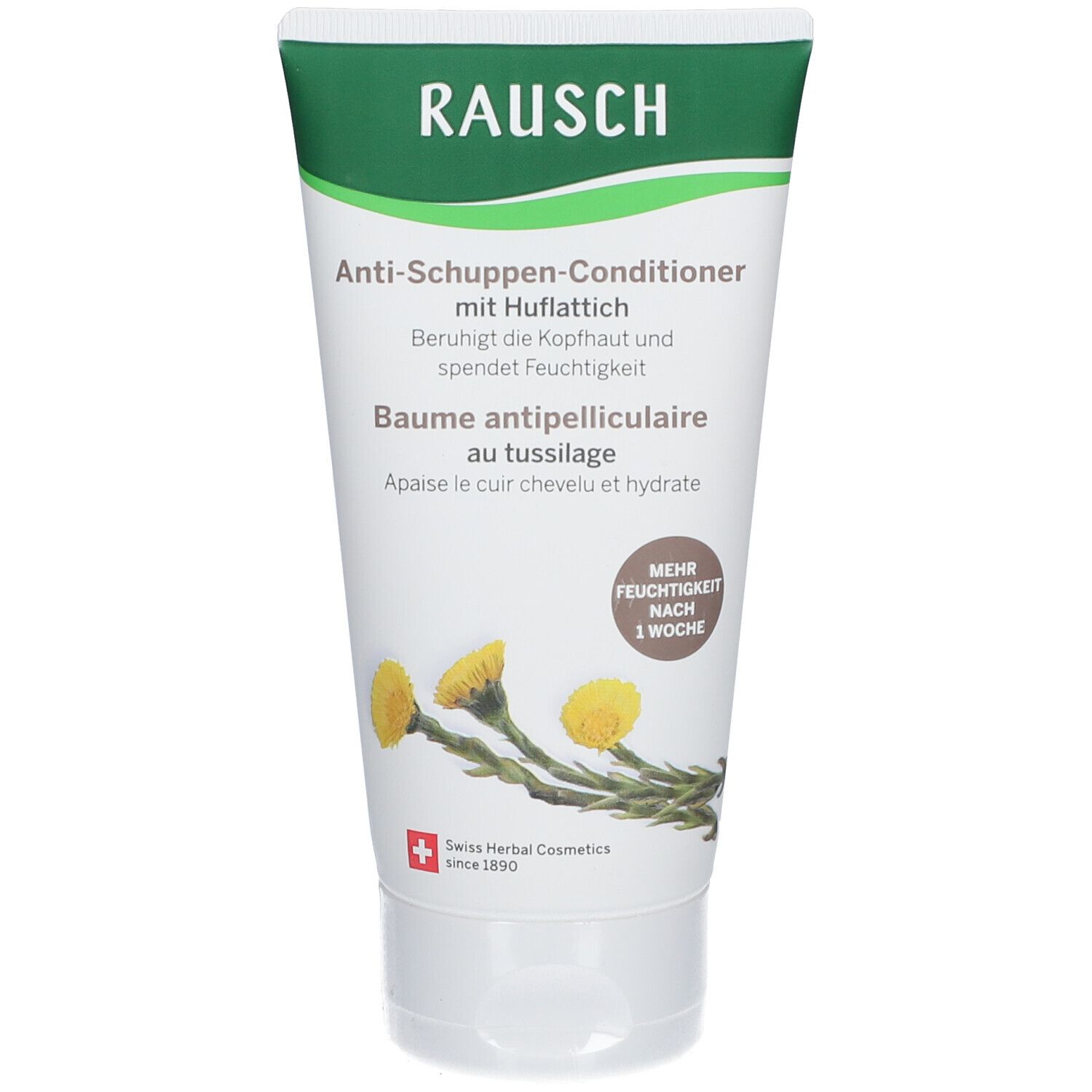 Tube de crème avec nom du produit et illustration florale. Cosmétiques aux herbes suisses. "Anti-Schuppen-Conditioner".